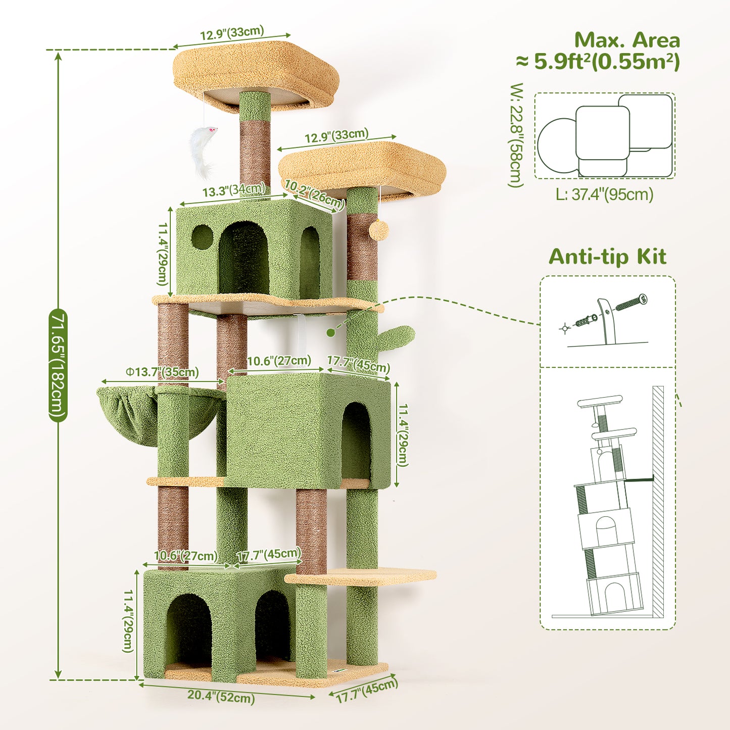 Globlazer Cactus Cat Tree Tall, 71 inches Cat Tower for Indoor Adult Cats Multi-Level 3 Condos for Indoor Cats XL Cat Tree Tower with Scratching Posts, Soft Extra Large Hanging Basket, F71, Green
