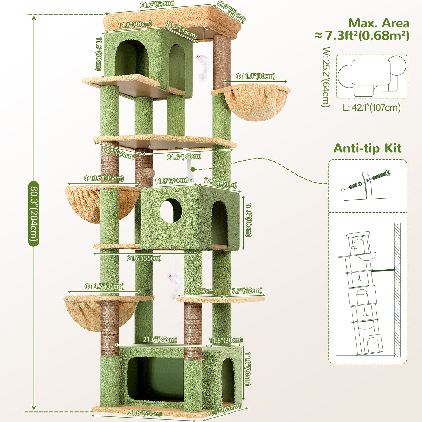 Globlazer Large Cat Tree 80 inch Multi-Level Cactus Climbing Tower Kitty Condos Cat Scratching Tower for Indoor Multiple Adult Cats with Large Platform, 3 Cat Caves, 3 Hanging Baskets, F80F, Green