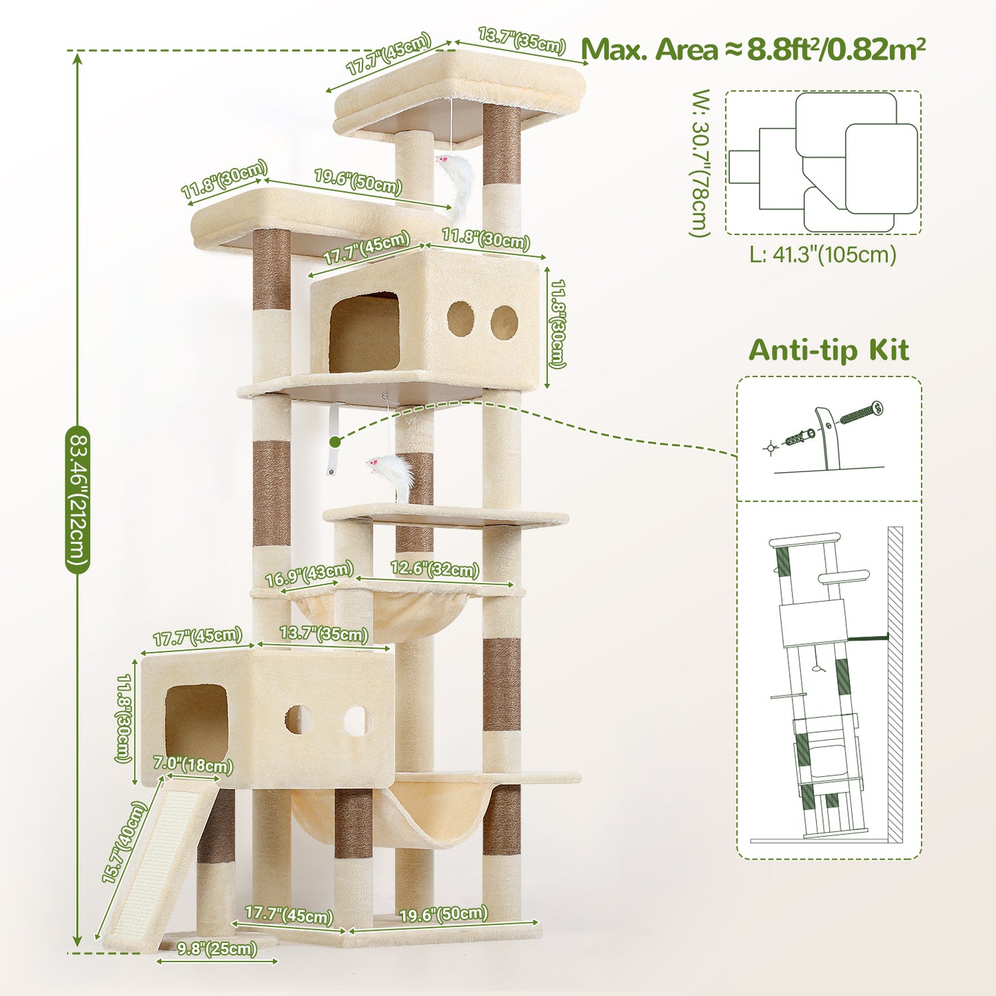 Globlazer Multi-Level Tall Cat Tower 83 inch Sturdy Extra Large Heavy Duty Cat Tree for Indoor Large Adult Cats Kittens with 2 Cat Condo, 8 Scratching Post, 2 Hammock, S83G, Beige