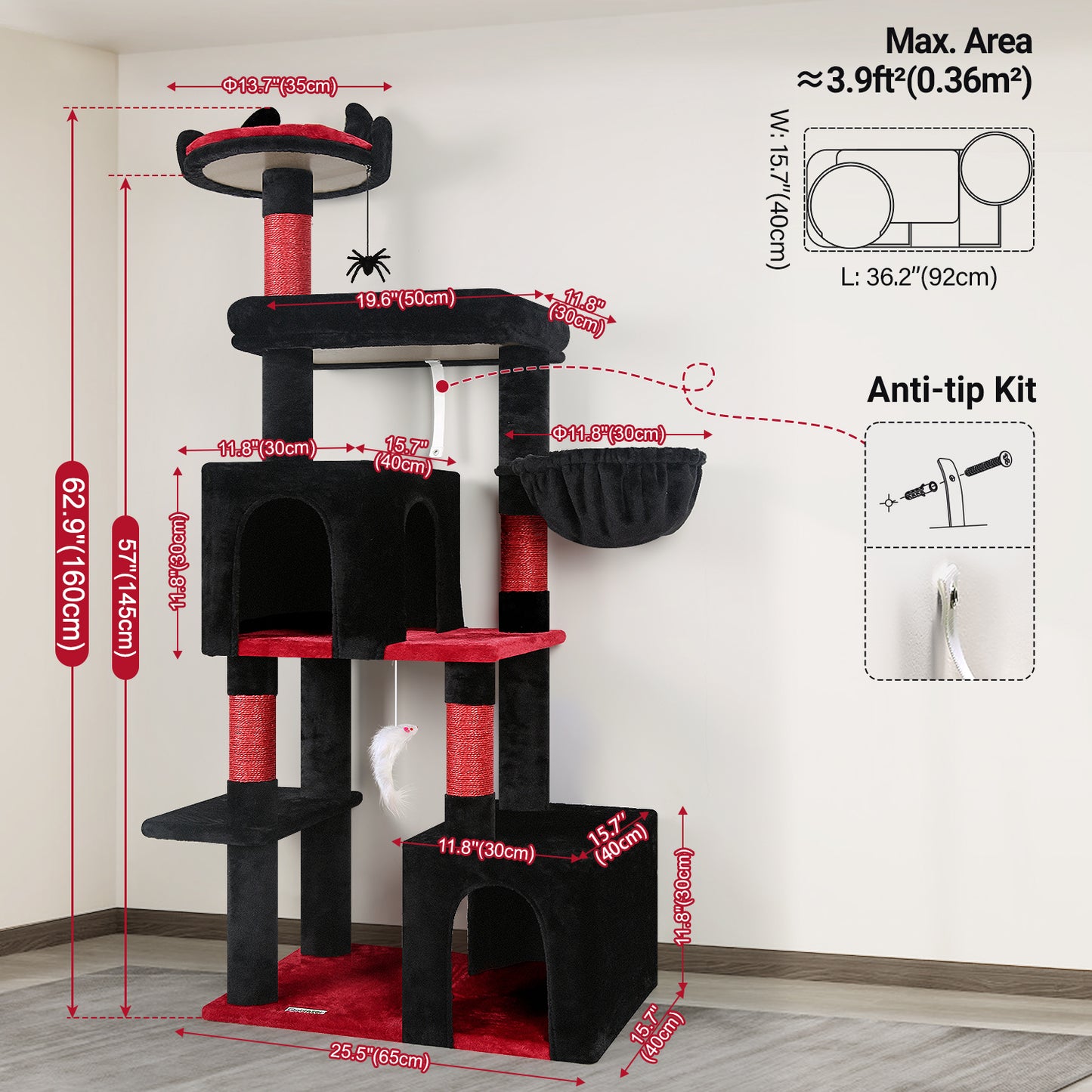Globlazer Gothic Cat Tree, 62in Goth Cat Tower Kitty Cat Climbing Tower with Large Platform for Indoor Cats, Scratching Posts, Cozy Caves, F62, Black