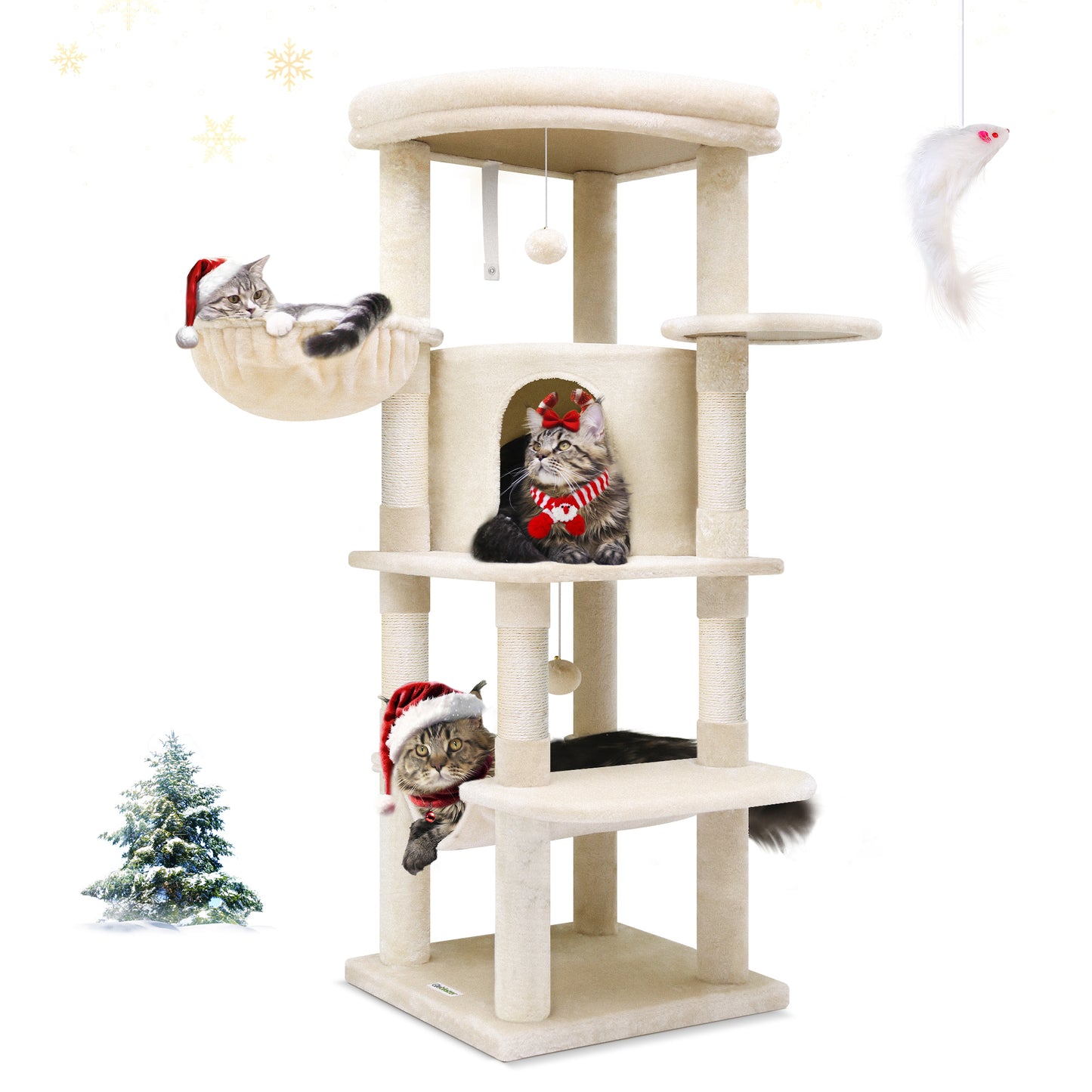 Globlazer Corner Cat Tree Tower with Scratching Post for Indoor Cats, 51in Plush Multi-Level Cat Tower with Large Hammock, Fan-Shaped Padded Perch, Spacious Cat Condo, Hanging Basket, C51, Light Beige