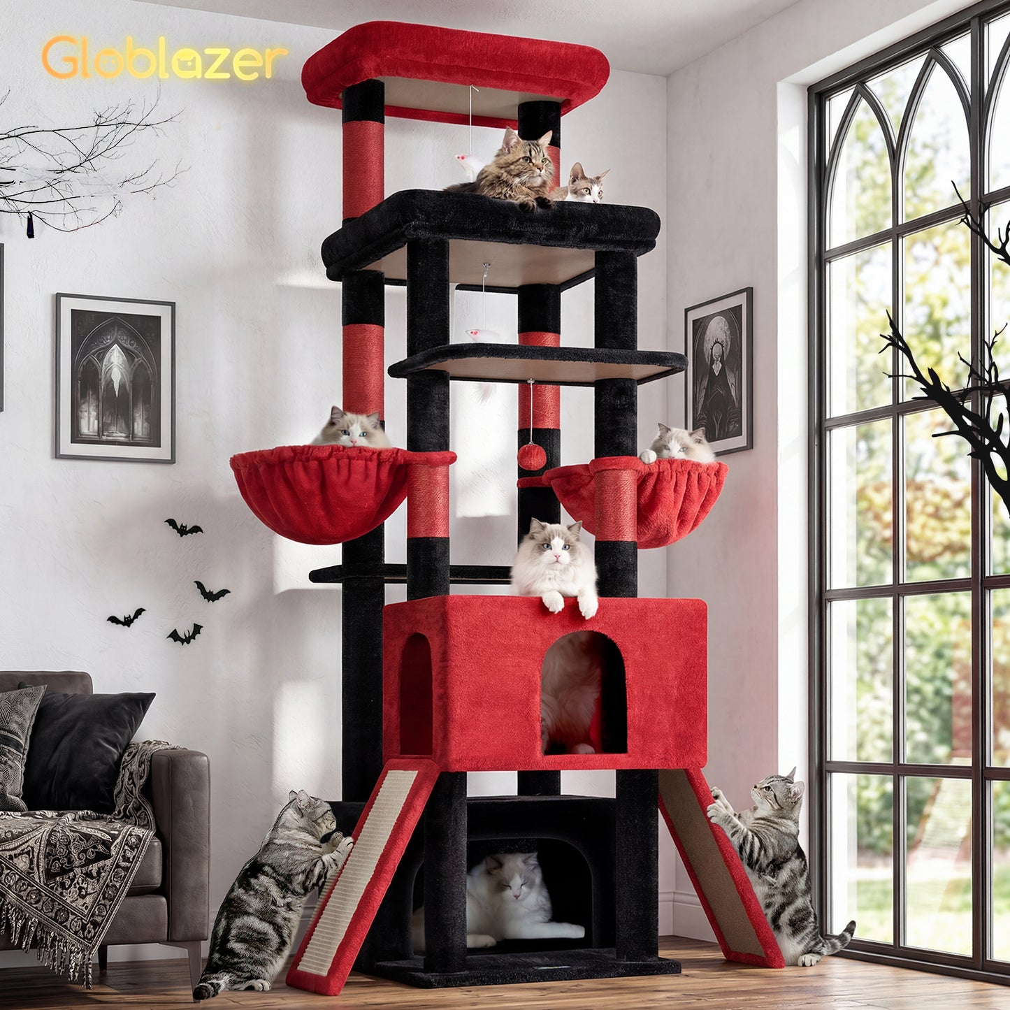 Globlazer Heavy Duty Cat Tree 78 inch Sturdy Gothic Cat Tower for 20lbs Large Adult Cats, Symmetrical Aesthetic Big Goth Cat Tree with Extra Large Platform, 2 Scratching Boards, Z78, Black Red