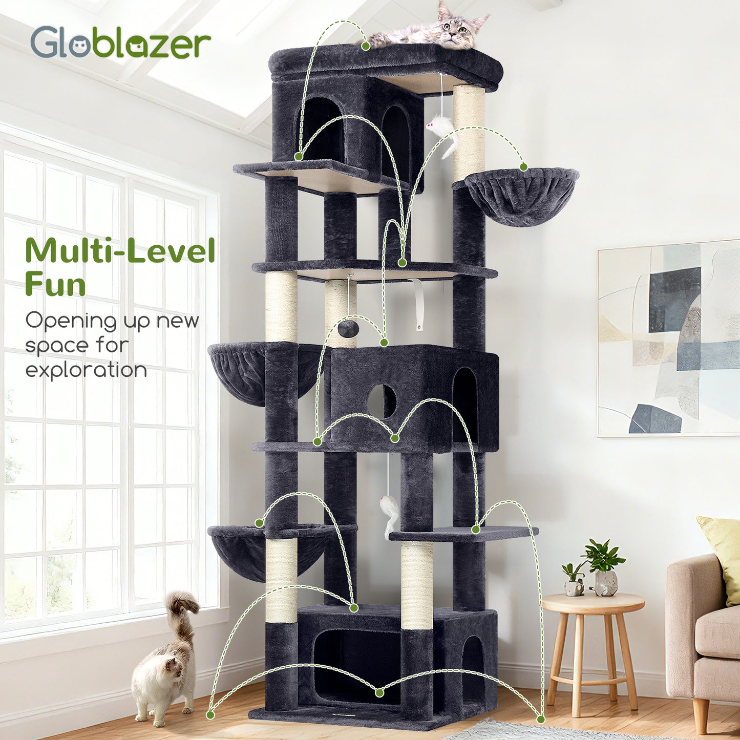 Globlazer Large Cat Tree 80 inch Multi-Level Tall Climbing Tower Kitty Condos Cat Scratching Tower for Indoor Multiple Adult Cats with Large Platform, 3 Cat Caves, 3 Hanging Baskets, F80F, Dark Grey
