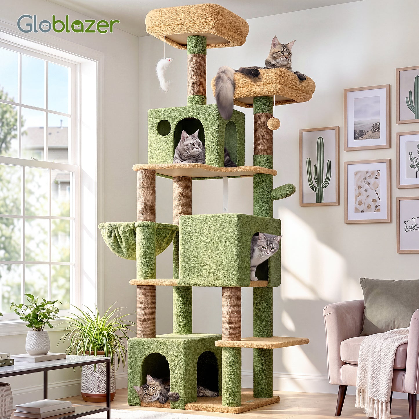 Globlazer Cactus Cat Tree Tall, 71 inches Cat Tower for Indoor Adult Cats Multi-Level 3 Condos for Indoor Cats XL Cat Tree Tower with Scratching Posts, Soft Extra Large Hanging Basket, F71, Green