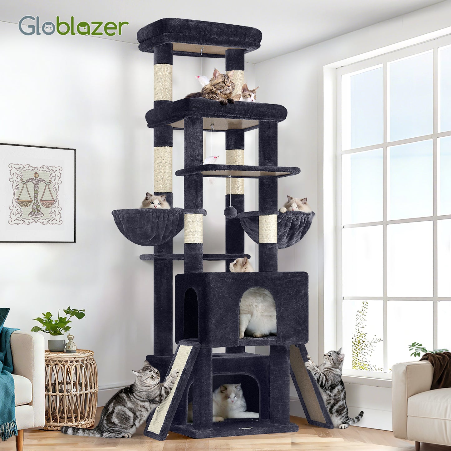 Globlazer Heavy Duty Cat Tree 78 inch Sturdy Cat Tower for 20lbs Large Adult Cats, Symmetrical Aesthetic Big Cat Tree with Extra Large Platform, 2 Scratching Boards, Z78, Dark Grey