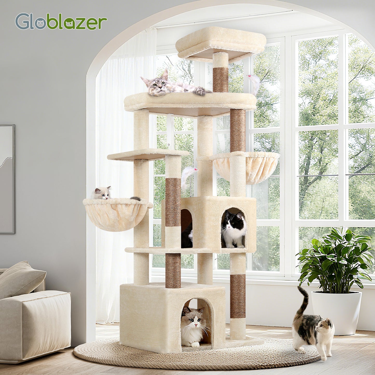 Globlazer Sturdy Cat Tree, 68-inch Large Cat Tower for Indoor Adult Cats 20 lbs Heavy Duty Cat Tree for Big Cats with Extra Large Platform, 5 Scratching Post, S68, Beige