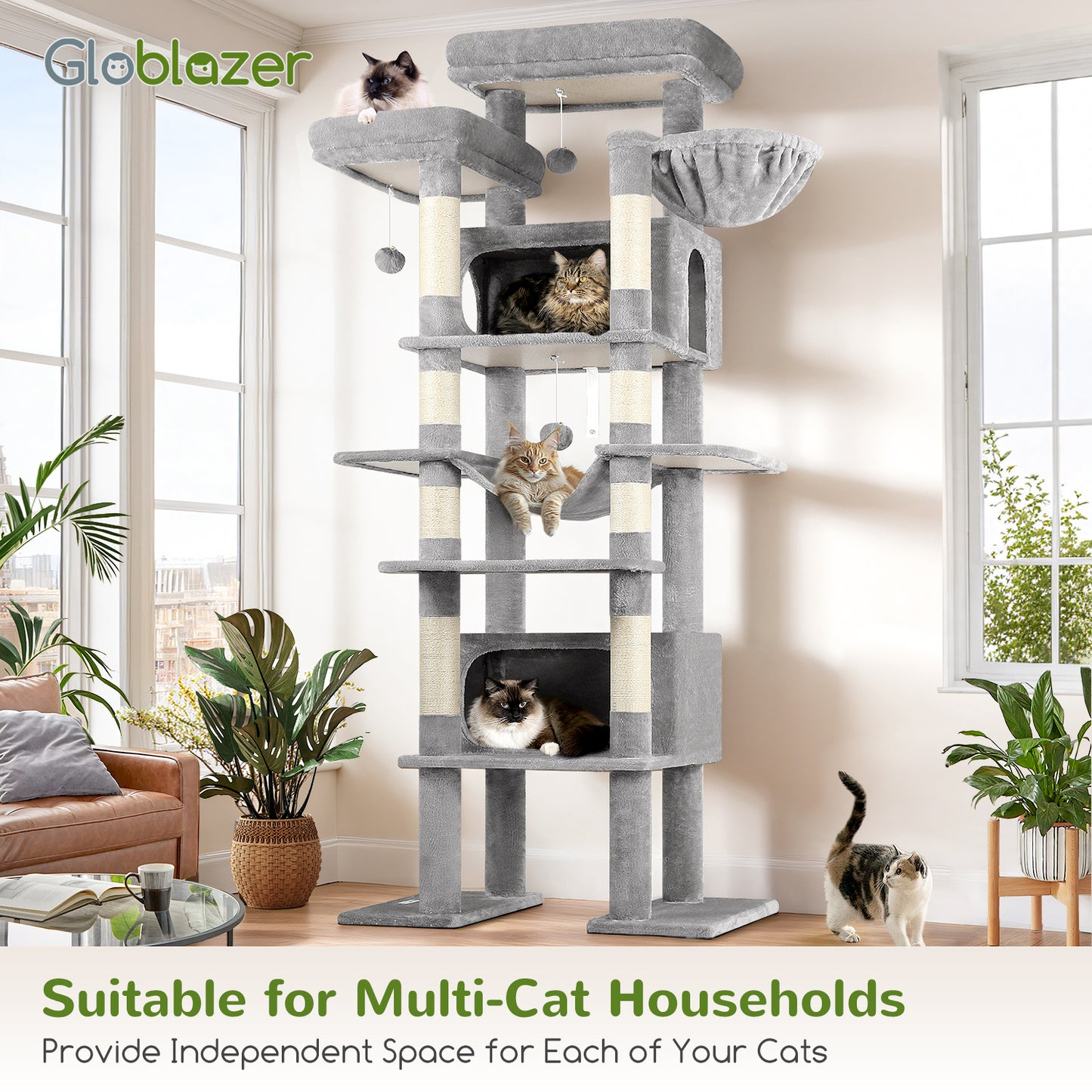 Globlazer XXL Giant Cat Tree, 83 Inch Heavy Duty Tall Cat Tower for Indoor Cats Large Adult, Multi-Level Large Cat Condo with 8 Scratching Posts, Hammock, 2 Cat Caves, 2 Platform, F83B, Light Grey
