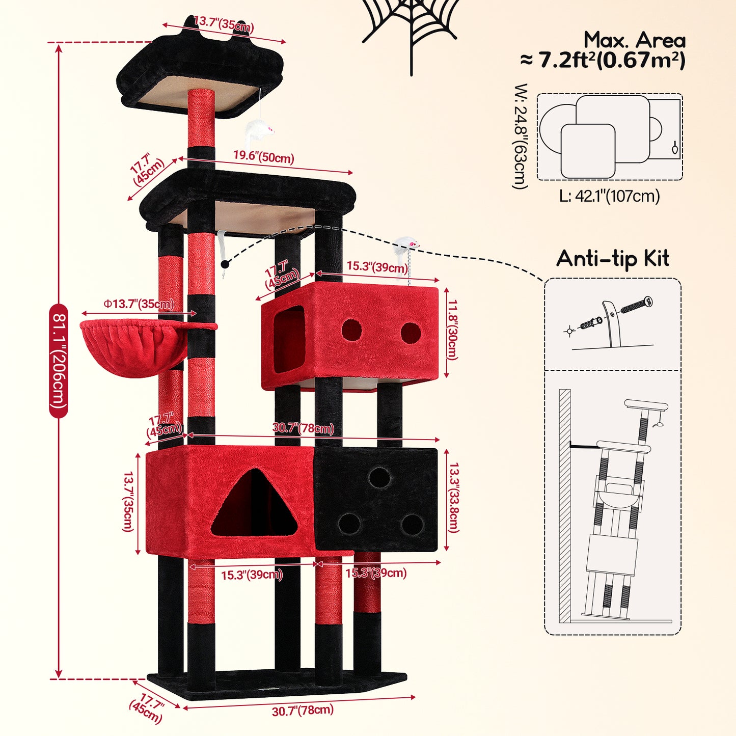 Globlazer Extra Large Gothic Cat Tower, 81-inch Tall Goth Cat Tree for Big Cats 20 lbs, XXL Heavy Duty Cat Scratching Tower for Indoor Adult Cats with 3 Cat Condos, 8 Scratching Posts, F81, Black Red