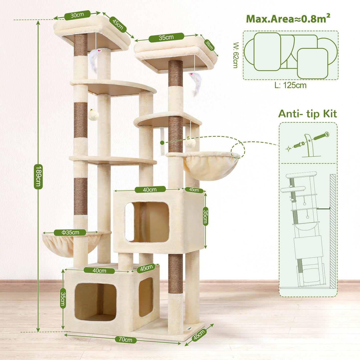 Globlazer 74In Sturdy Cat Tree for Large Cats, Heavy Duty Multi-Level Tall Cat Tree Tower for Multiple Indoor Adult Cats with Scratching Posts, 2 Cat Condos, 2 Top Perches, S74E, Beige