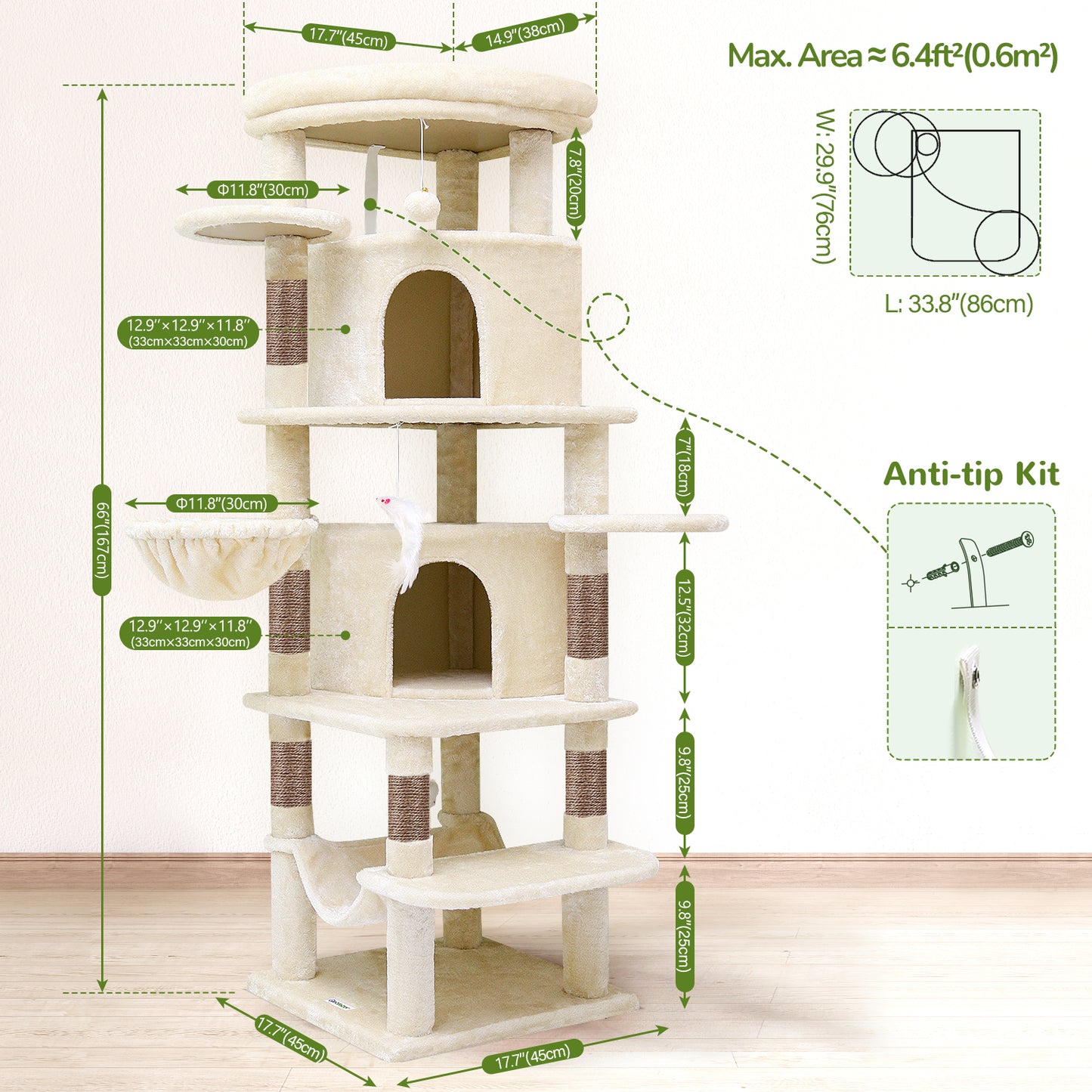 Globlazer Corner Cat Tree for Large Cats, 66inch Tall Curved Series Large Cat Tower for Multiple Indoor Cats with 6 Scratching Posts, 2 Spacious Cat Condos, Hammock, Hanging Basket, C66, Beige