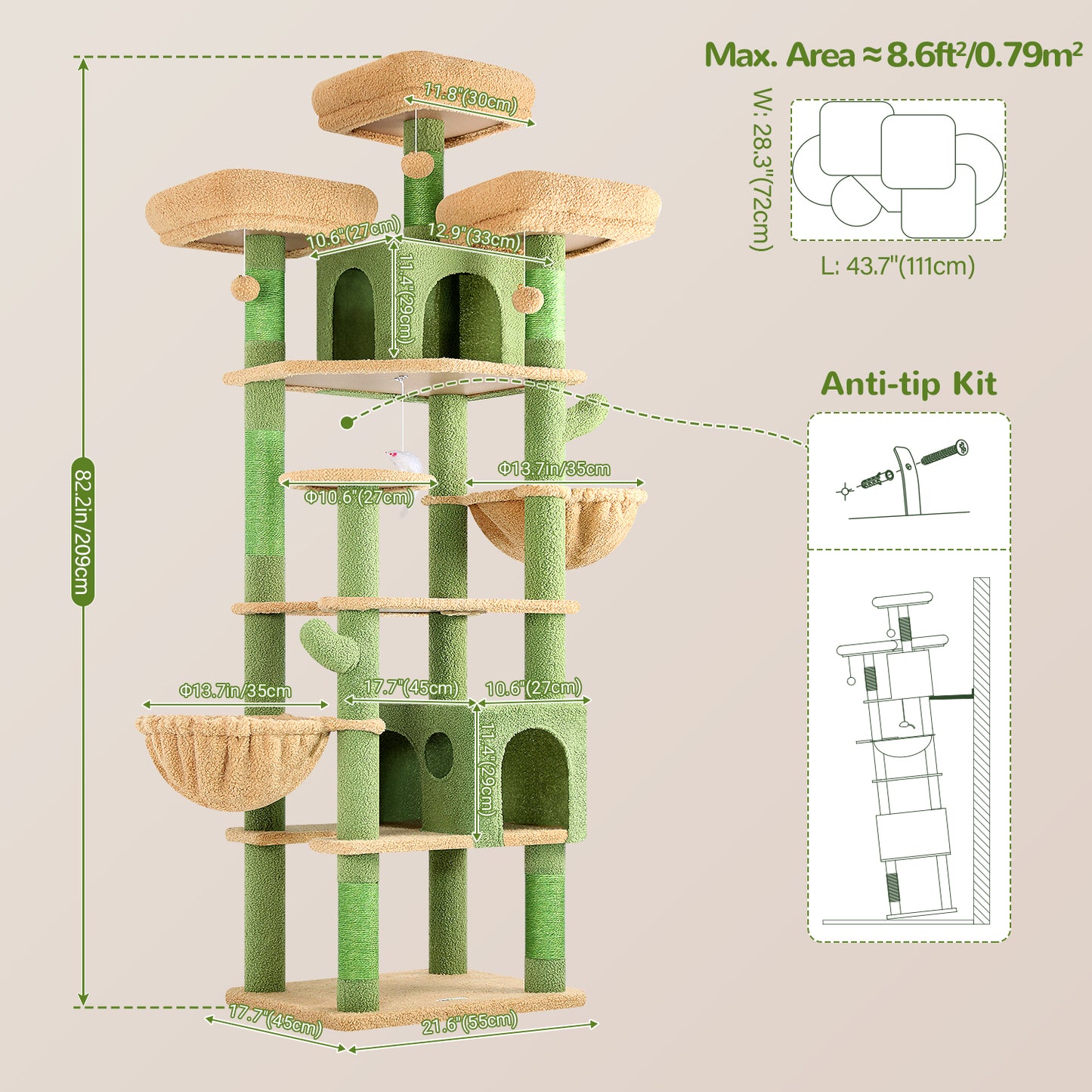Globlazer Cactus Cat Trees and Towers for Multiple Adult Cats, 82-inch XXL Tall Cat Tree Tower for Indoor Cats with Scratching Post, 3 Perches, 2 Condos, 2 Hanging Baskets, F82, Green