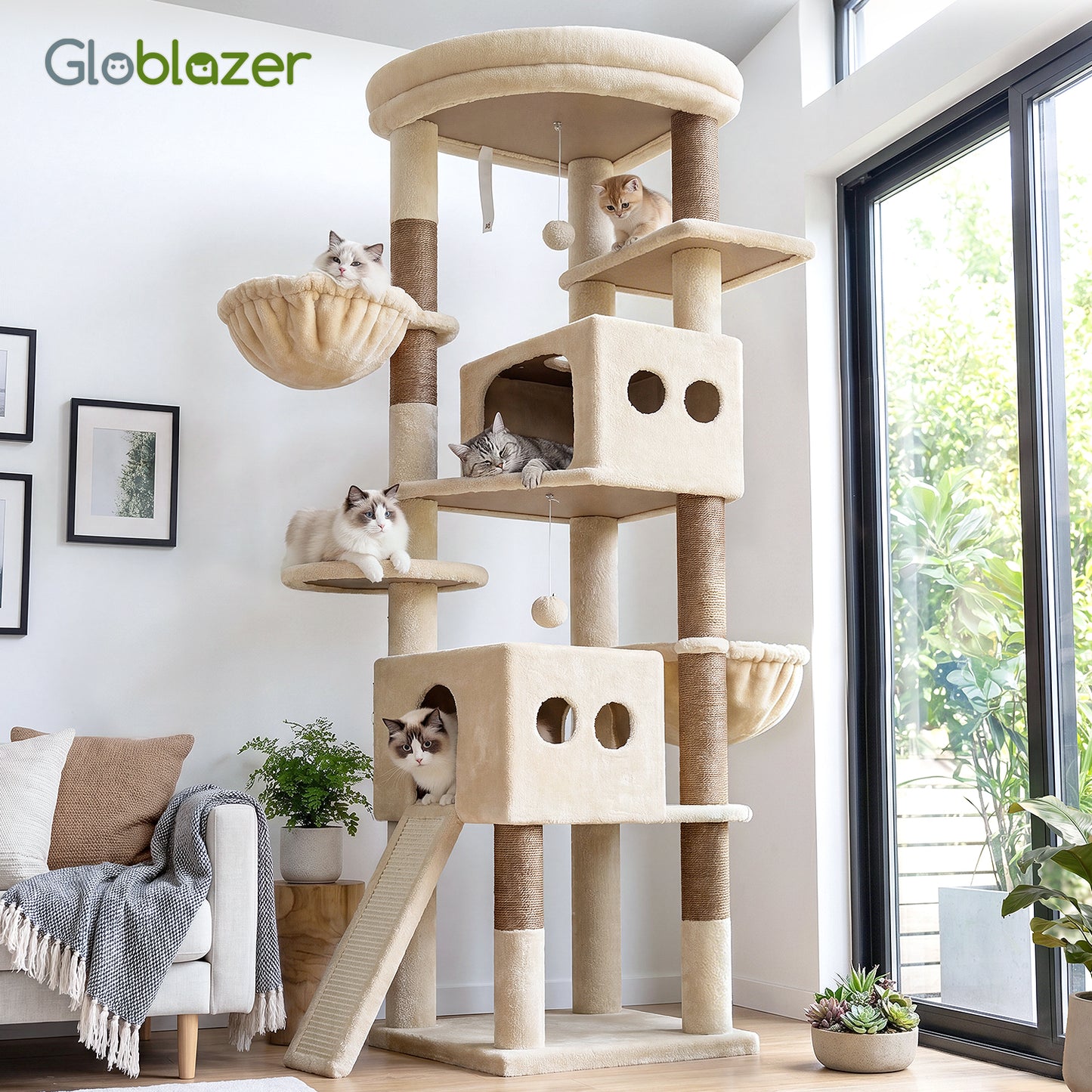 Globlazer 74in Tall Cat Tree for Indoor Cats Large Adult, Sturdy Heavy Duty Cat Tree Tower with 7 Scratching Posts for Multiple Cats, 2 Spacious Condos, 2 Hanging Baskets, S74G, Beige