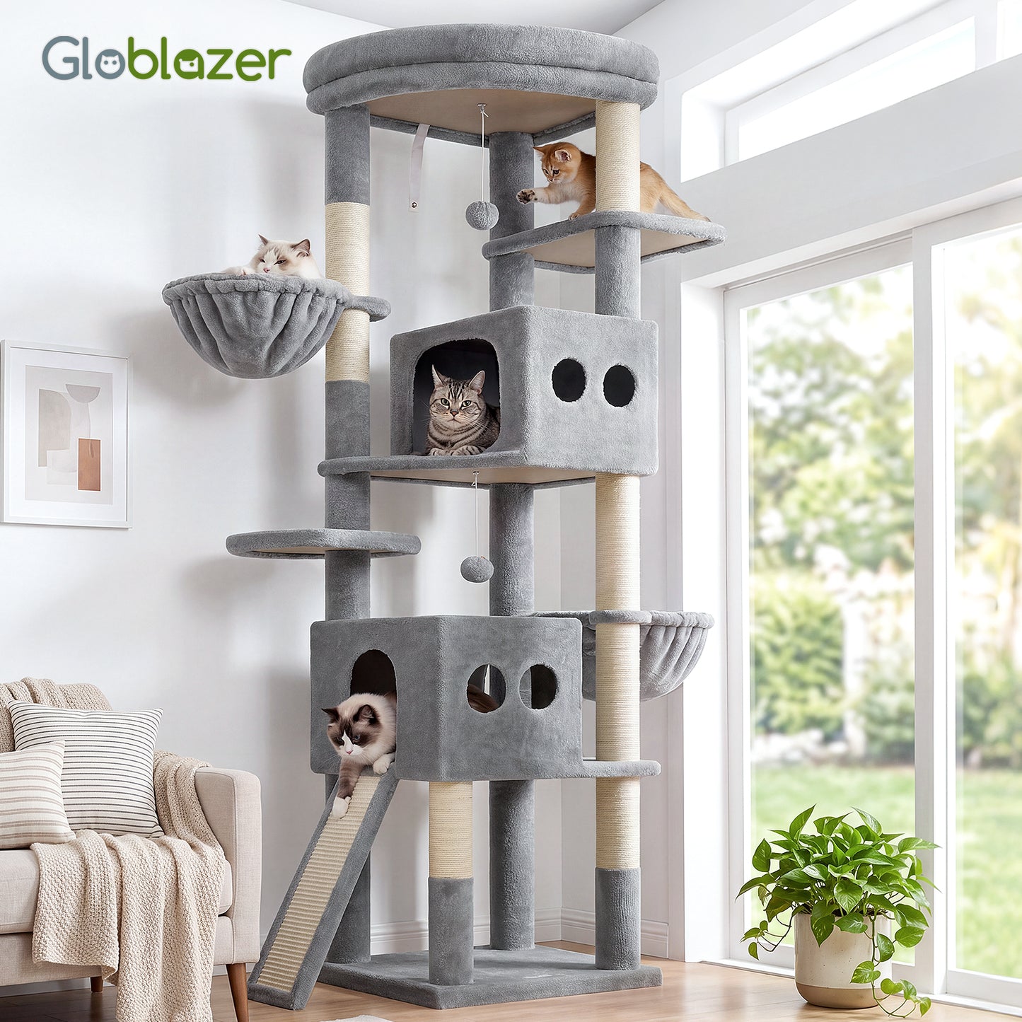 Globlazer 74in Tall Cat Tree for Indoor Cats Large Adult, Sturdy Heavy Duty Cat Tree Tower with 7 Scratching Posts for Multiple Cats, 2 Spacious Condos, 2 Hanging Baskets, S74G, Light Grey