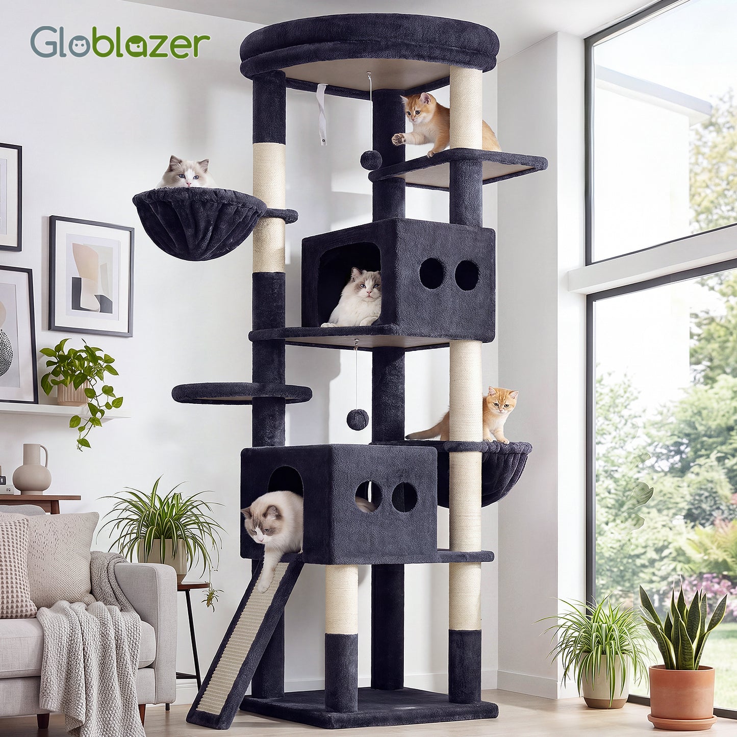 Globlazer 74in Tall Cat Tree for Indoor Cats Large Adult, Sturdy Heavy Duty Cat Tree Tower with 7 Scratching Posts for Multiple Cats, 2 Spacious Condos, 2 Hanging Baskets, S74G, Dark Grey