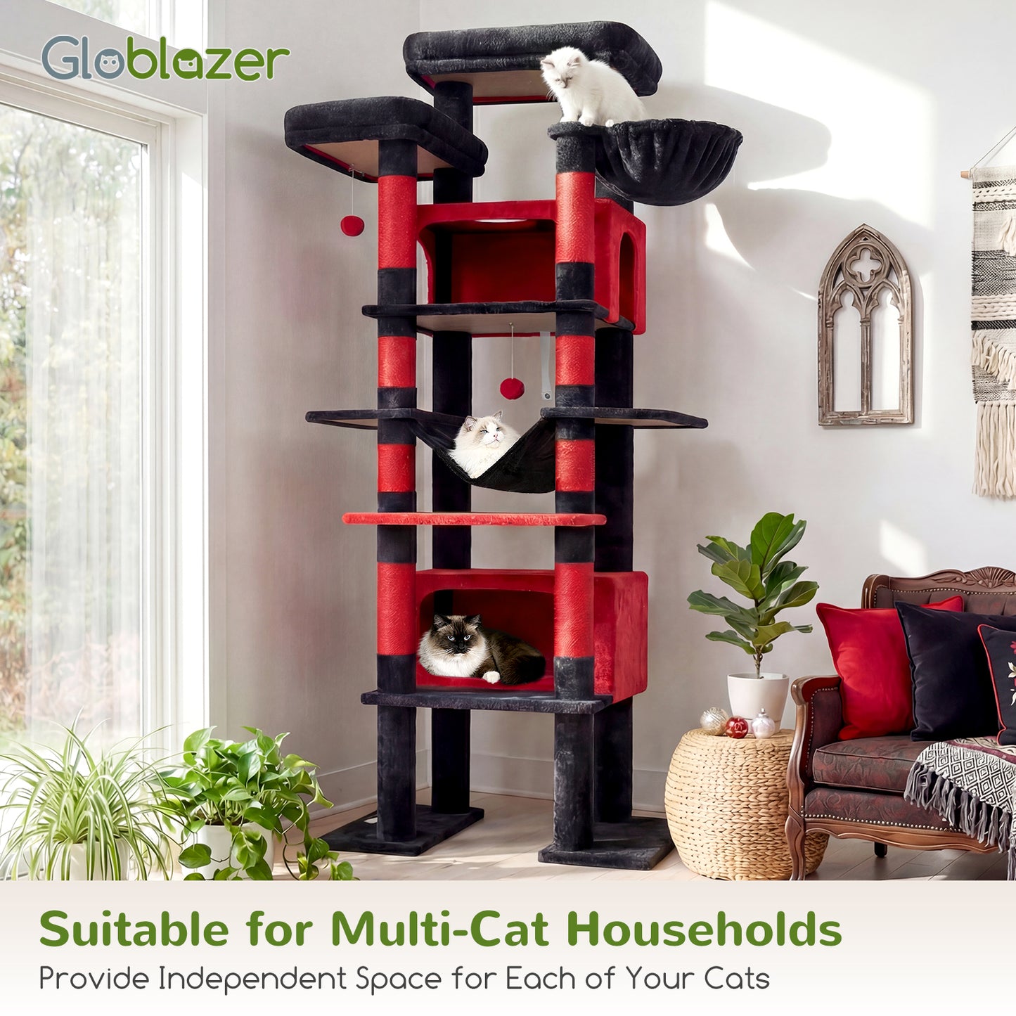 Globlazer XXL Giant Gothic Cat Tree, 83 Inch Heavy Duty Tall Goth Cat Tower for Indoor Cats Large Adult, Multi-Level Large Cat Condo with 8 Scratching Posts, Hammock, 2 Platform, F83B, Black Red