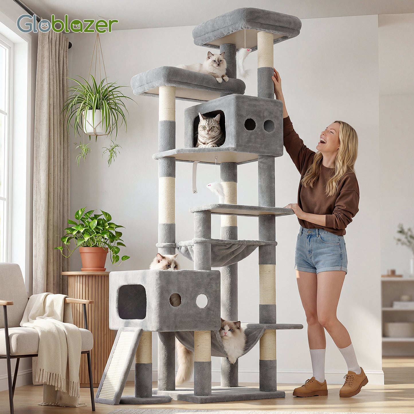 Globlazer Multi-Level Extra Large Tall Cat Tower 83 inch Sturdy Heavy Duty Cat Tree for Indoor Large Adult Cats Kittens with 2 Cat Condo, 8 Scratching Post, 2 Hammock, S83G, Light Grey