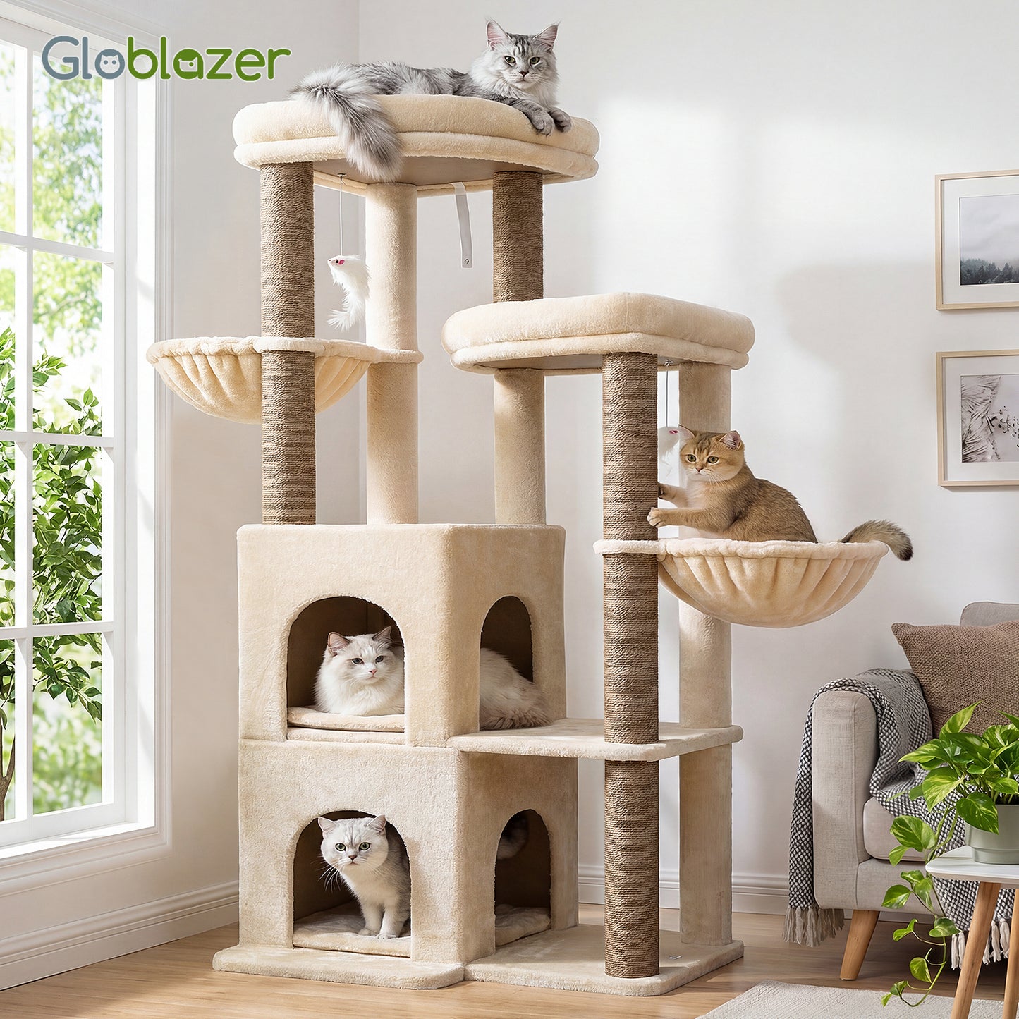 Globlazer Cat Tree Tower for Indoor Cats, 63 inch Sturdy Adult Cat Tree House for Large Adult Cats with 2 Platform, 6 Cat Scratching Post, 2 Cat Caves, Dangling Toys, S63, Beige