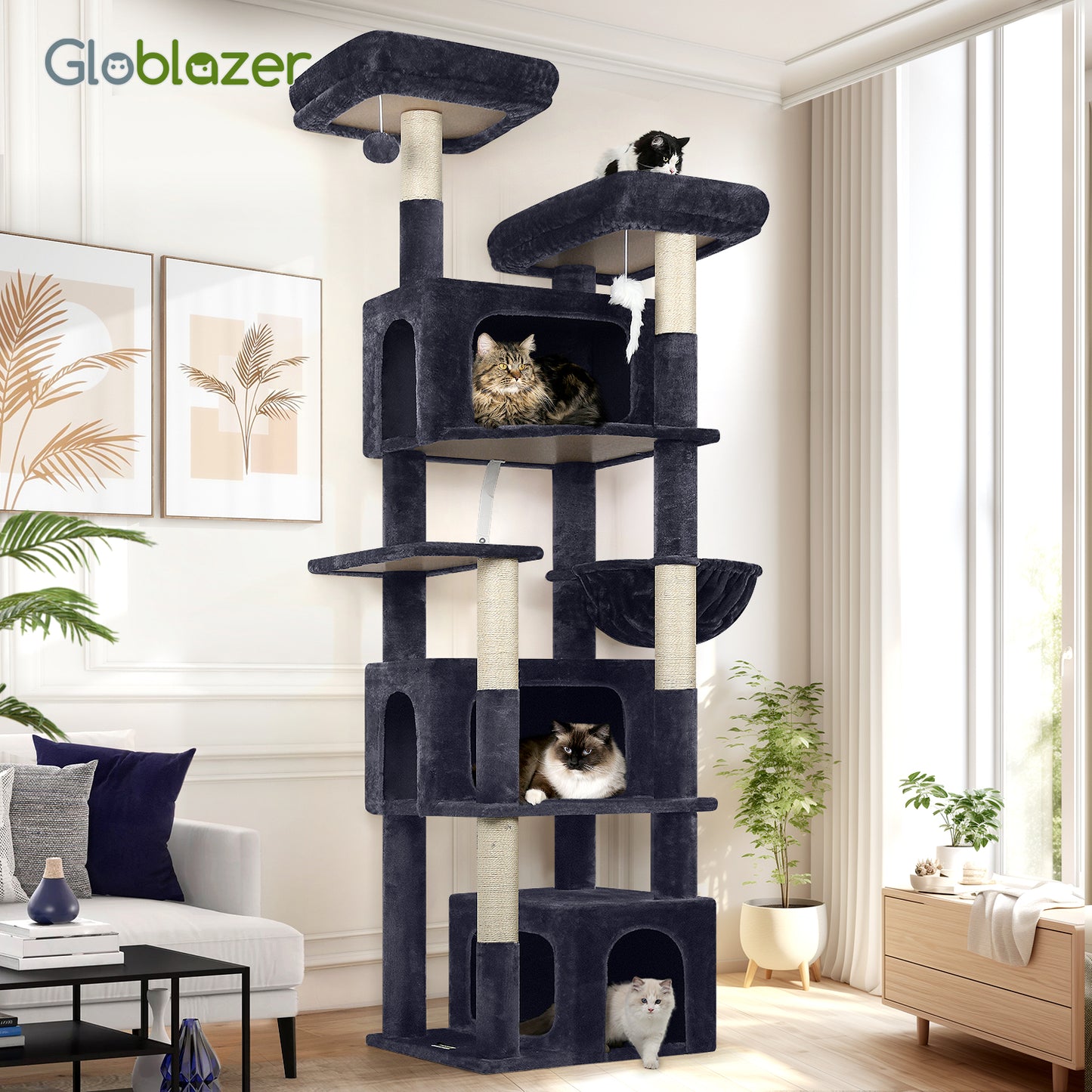 Globlazer Sturdy Cat Tree for Large Cats, 77 inch Large Cat Climbing Tower for Indoor Adult Cats, Cat Scratching Tower with 5 Scratching Posts, 3 Cat Condos, 2 Top Perches, S77, Dark Grey