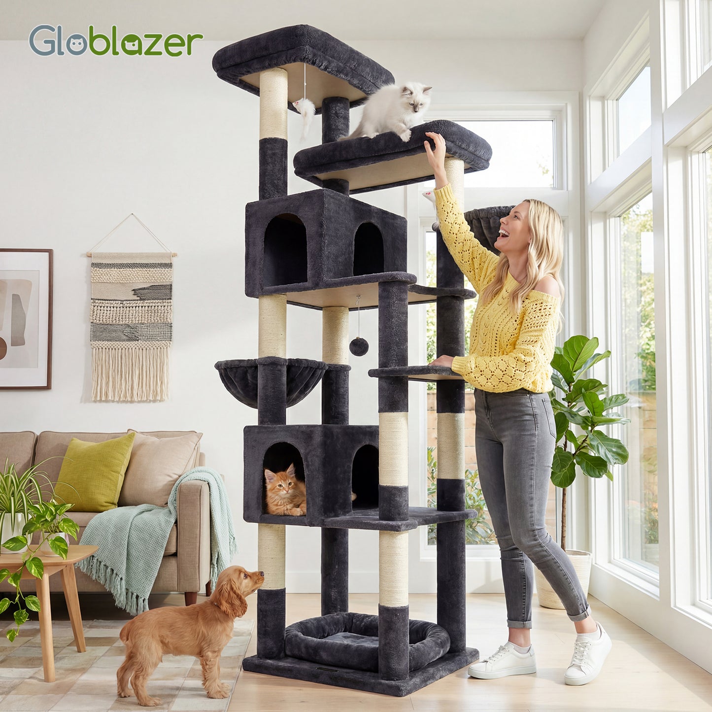 Globlazer Heavy Duty Cat Tree, 81 inch Extra Large Cat Tree for Indoor Cats Large Adult, Sturdy Cat Tower with 8 Scratching Post, 2 Cat Condos, 2 Platform, S81C, Dark Grey