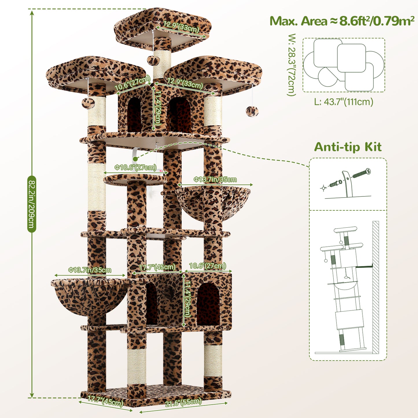 Globlazer Cat Trees and Towers for Multiple Adult Cats, 82-inch XXL Tall Cat Tree Tower for Indoor Cats with Scratching Post, 3 Perches, 2 Condos, 2 Hanging Baskets, F82, Leopard Print