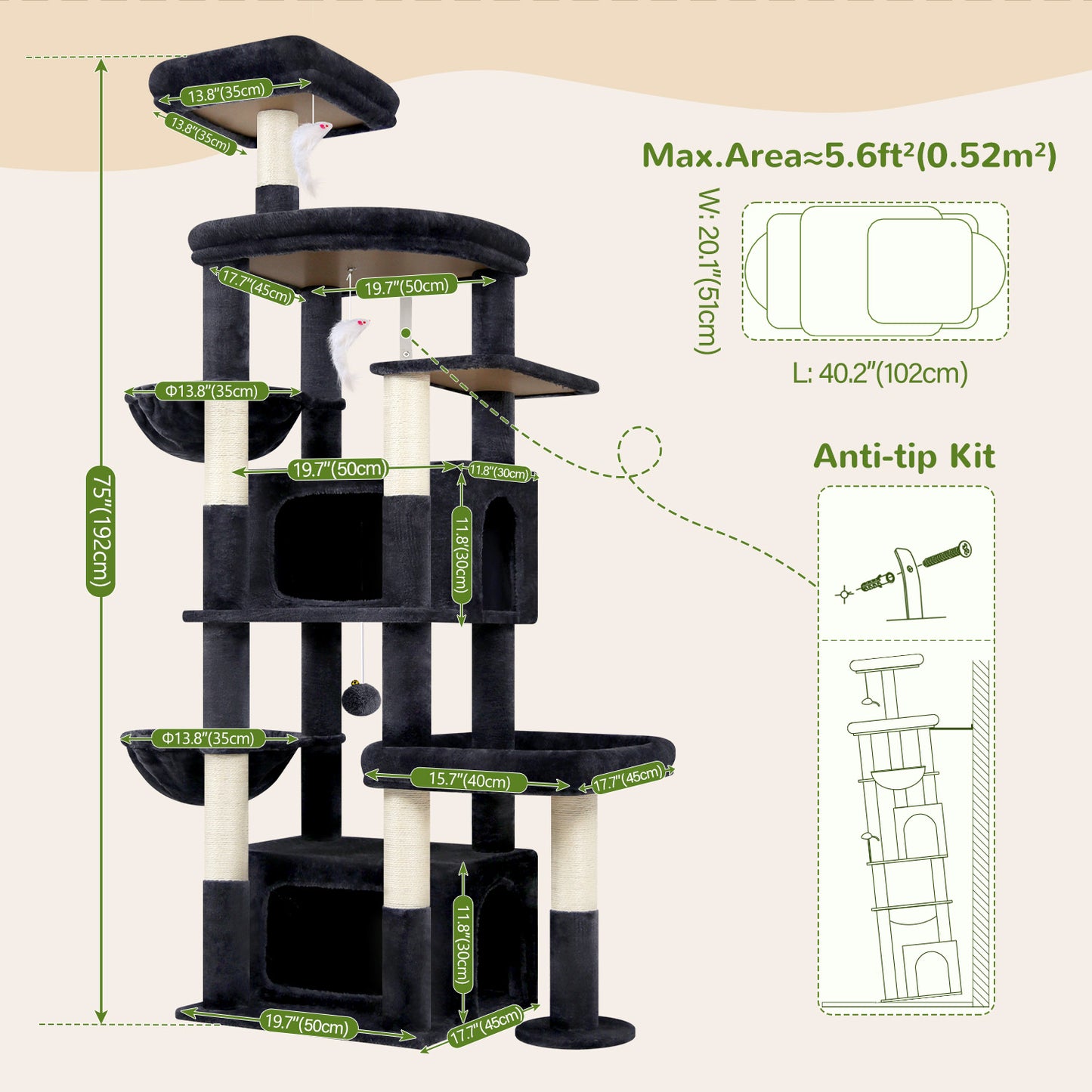 Globlazer 75in Sturdy Cat Tree for Large Cats, Heavy Duty Multi-Level Cat Tower for Indoor Cats with Extended Platform, 2 Spacious Condos, 2 Padded Perches, 6 Sisal Scratching Posts, S75, Dark Grey