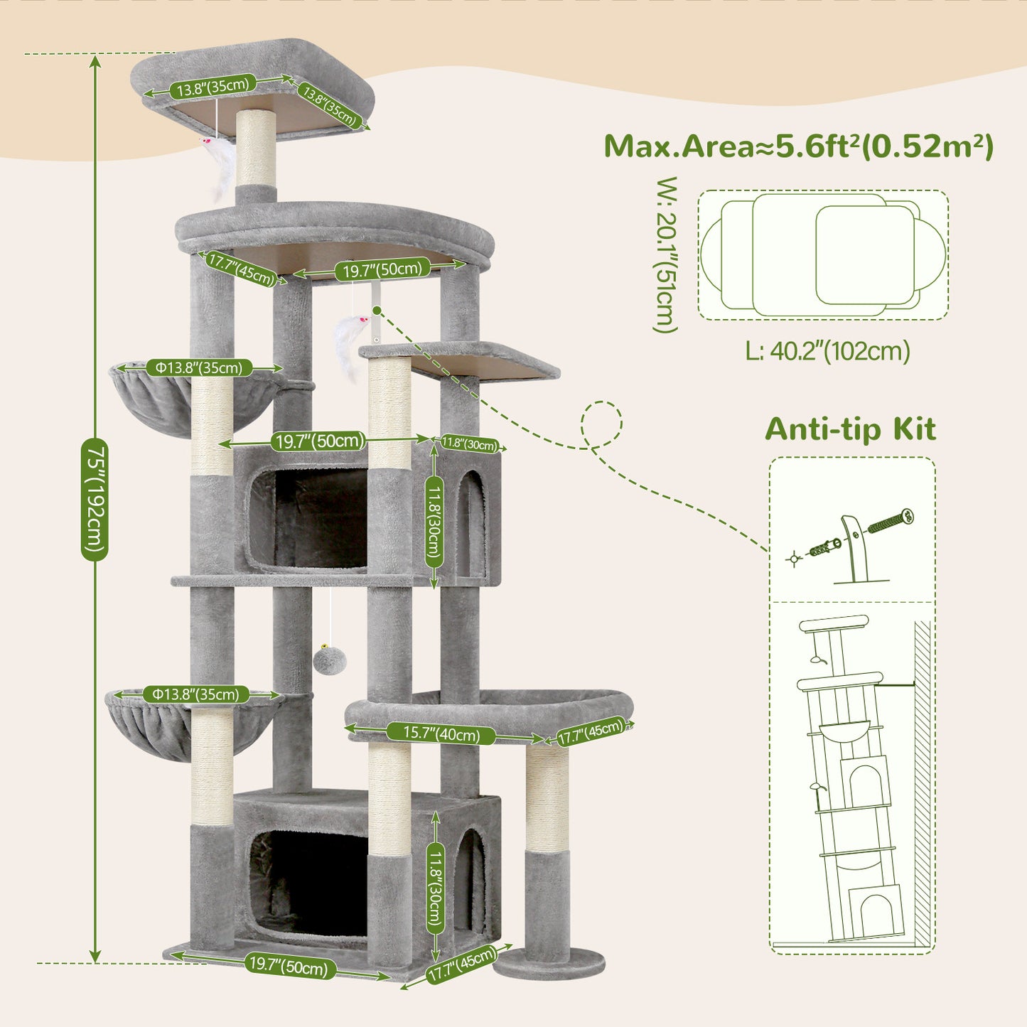 Globlazer 75in Sturdy Cat Tree for Large Cats, Heavy Duty Multi-Level Cat Tower for Indoor Cats with Extended Platform, 2 Spacious Condos, 2 Padded Perches, 6 Sisal Scratching Posts, S75, Light Grey