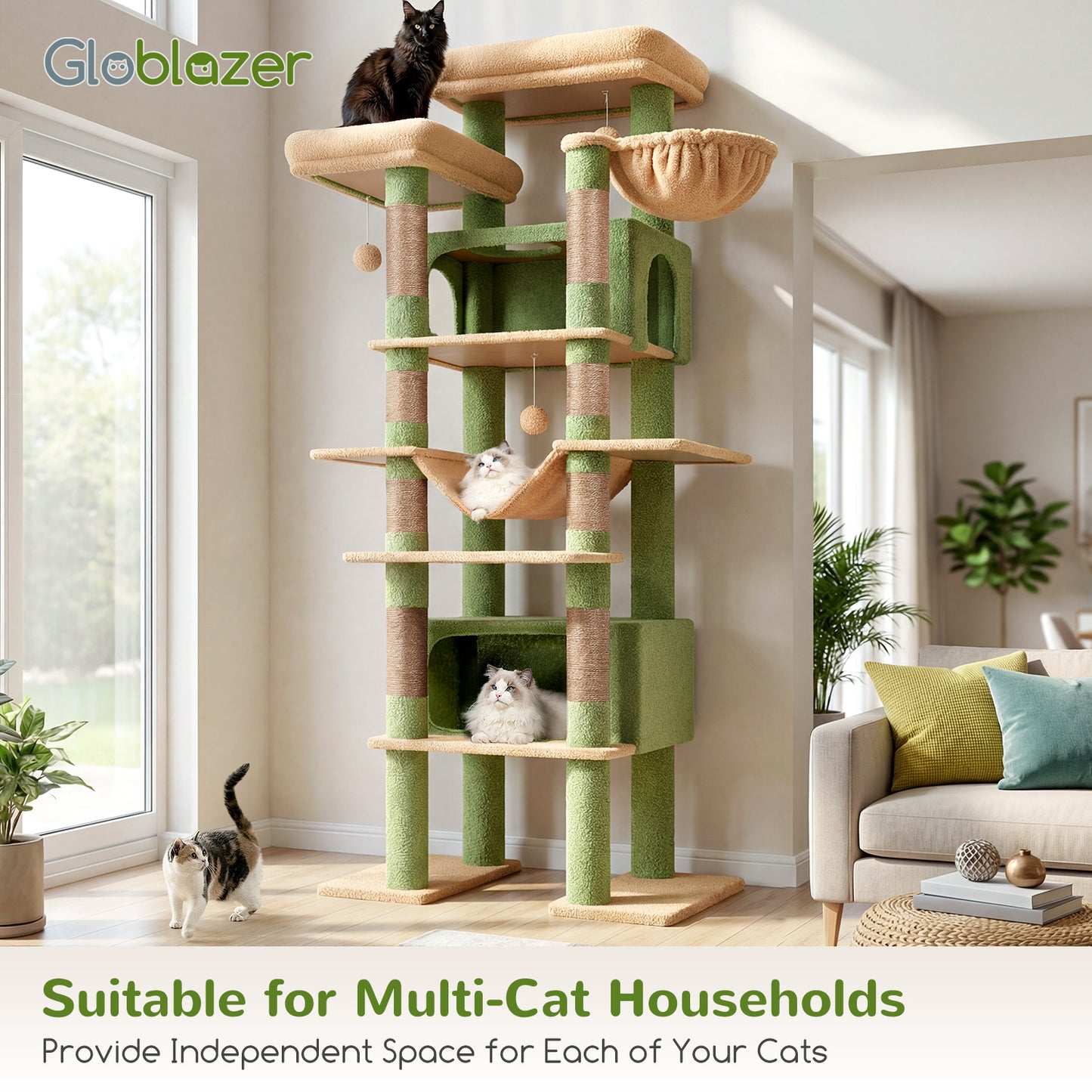 Globlazer XXL Cactus Giant Cat Tree, 83 Inch Heavy Duty Cactus Tall Cat Tower for Indoor Cats Large Adult, Multi-Level Large Cat Condo with 8 Scratching Posts, Hammock, 2 Platform, F83B, Green