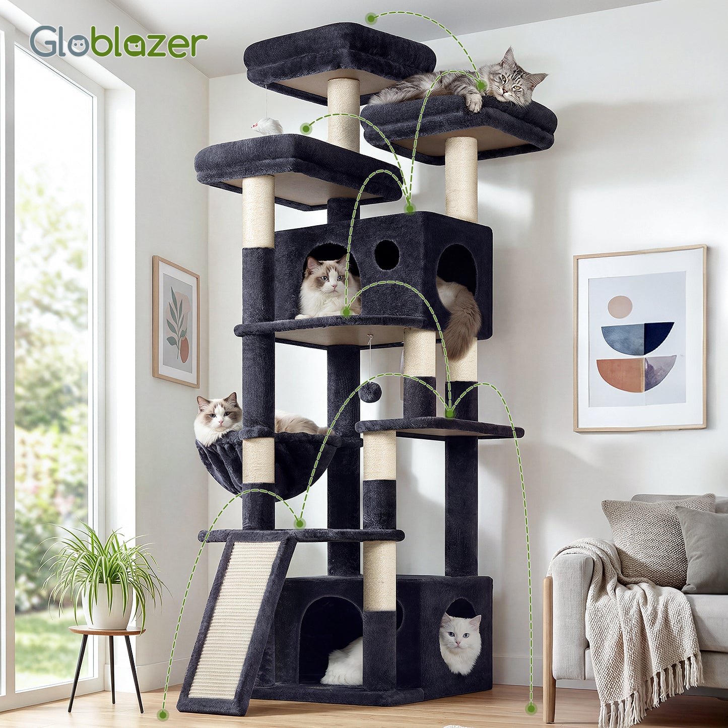 Globlazer Heavy Duty Cat Tree, 73inch Sturdy Cat Tower with Scratching Post for Indoor multiple Cats, Maine Coon Cat Tree with 3 Cat Perch, Basket, 2 Cat Condo for Adult Cats Kittens, F73C, Dark Grey