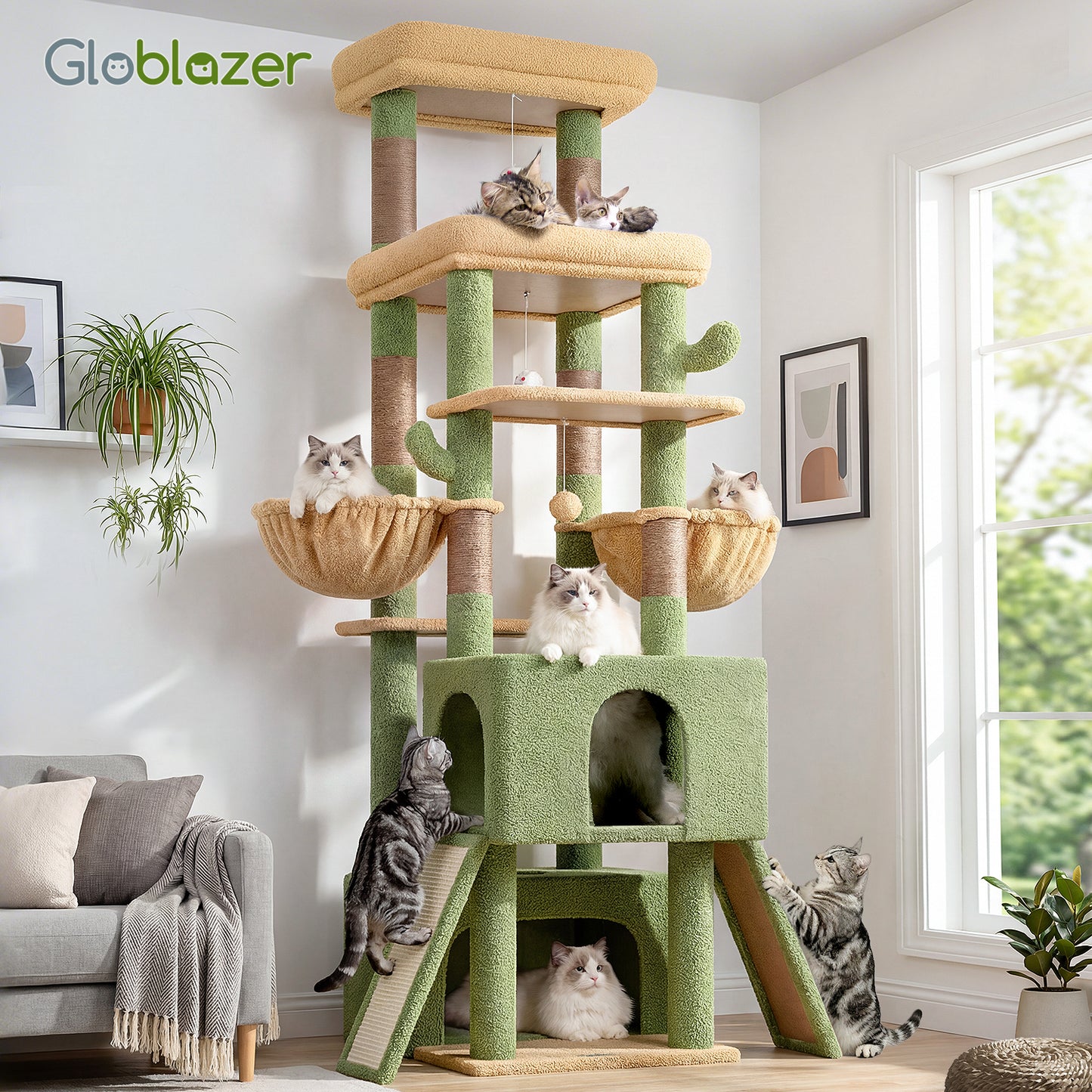 Globlazer Heavy Duty Cat Tree 78 inch Sturdy Cactus Cat Tower for 20lbs Large Adult Cats, Symmetrical Aesthetic Big Cactus Cat Tree with Extra Large Platform, 2 Scratching Boards, Z78, Green