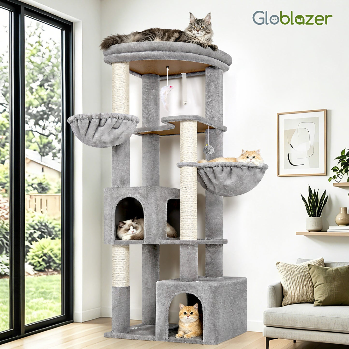 Globlazer Corner Cat Tree for Large Indoor Cats, 64in Space Saving Cat Tower with Enlarged Top Perch, 4 Scratching Posts, Multi-Level Cat Tree Tower with 2 Condos, 2 Hammocks, C64, Light Grey