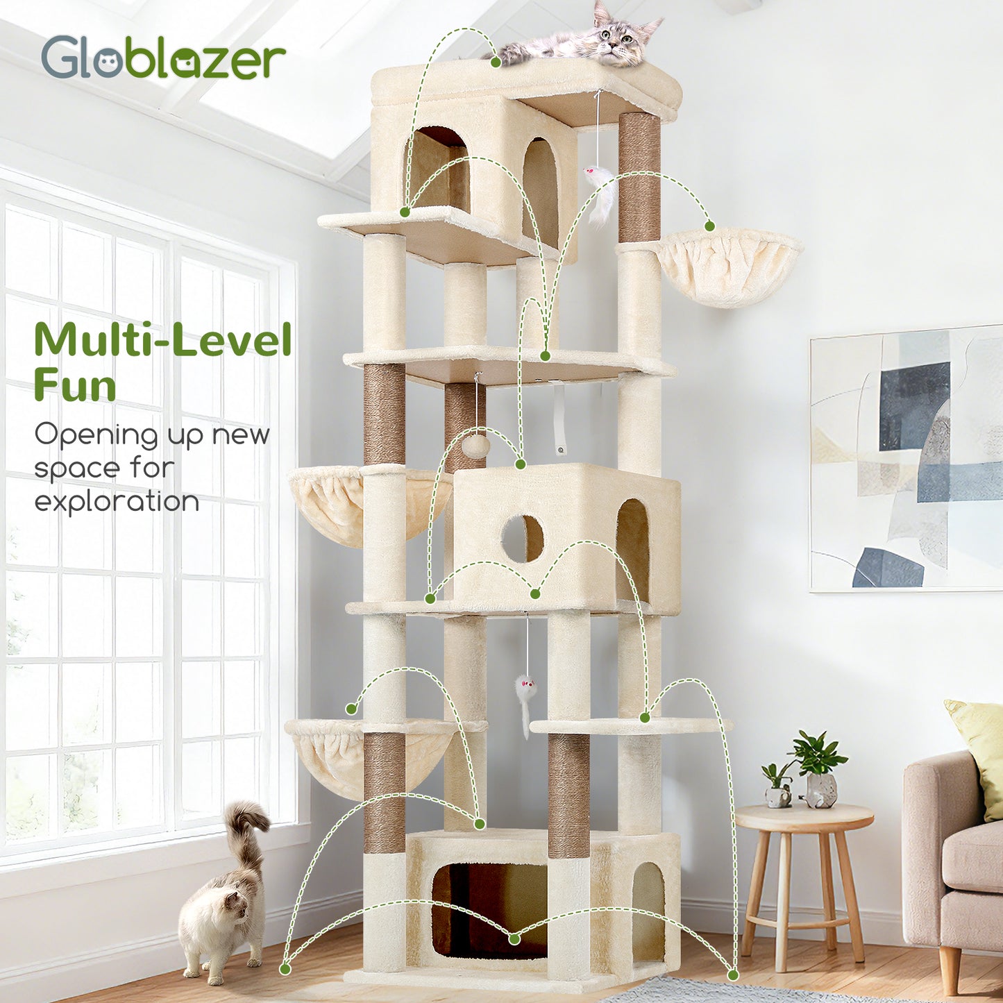 Globlazer Large Cat Tree 80 inch Multi-Level Tall Climbing Tower Kitty Condos Cat Scratching Tower for Indoor Multiple Adult Cats with Large Platform, 3 Cat Caves, 3 Hanging Baskets, F80F, Beige