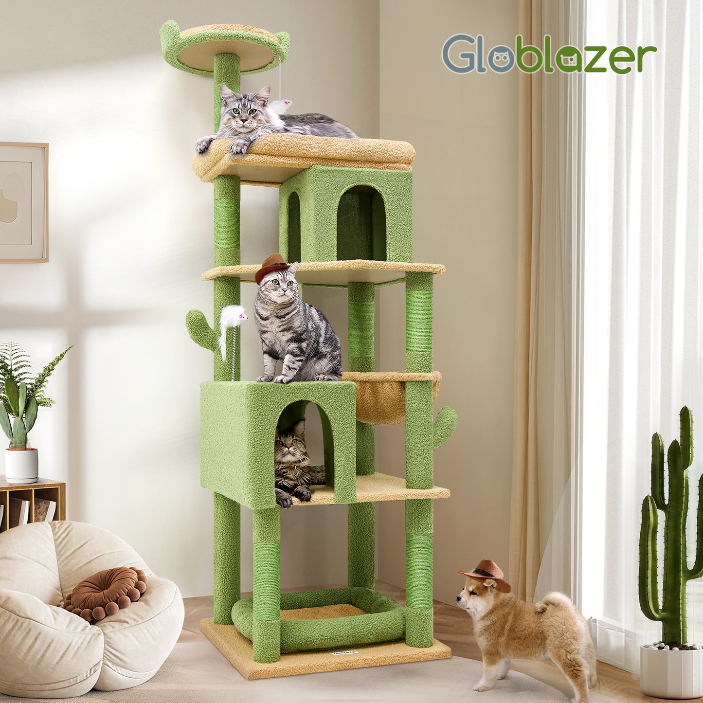 Globlazer Heavy Duty Cactus Cat Trees for Large Cats, Sturdy 72in Maine Coon Cat Tree for Large Cats 20 lbs+ Heavy Duty Cat Tower for Adult Biggest Cat with 6 Scratching Posts, Hammock, S72, Green