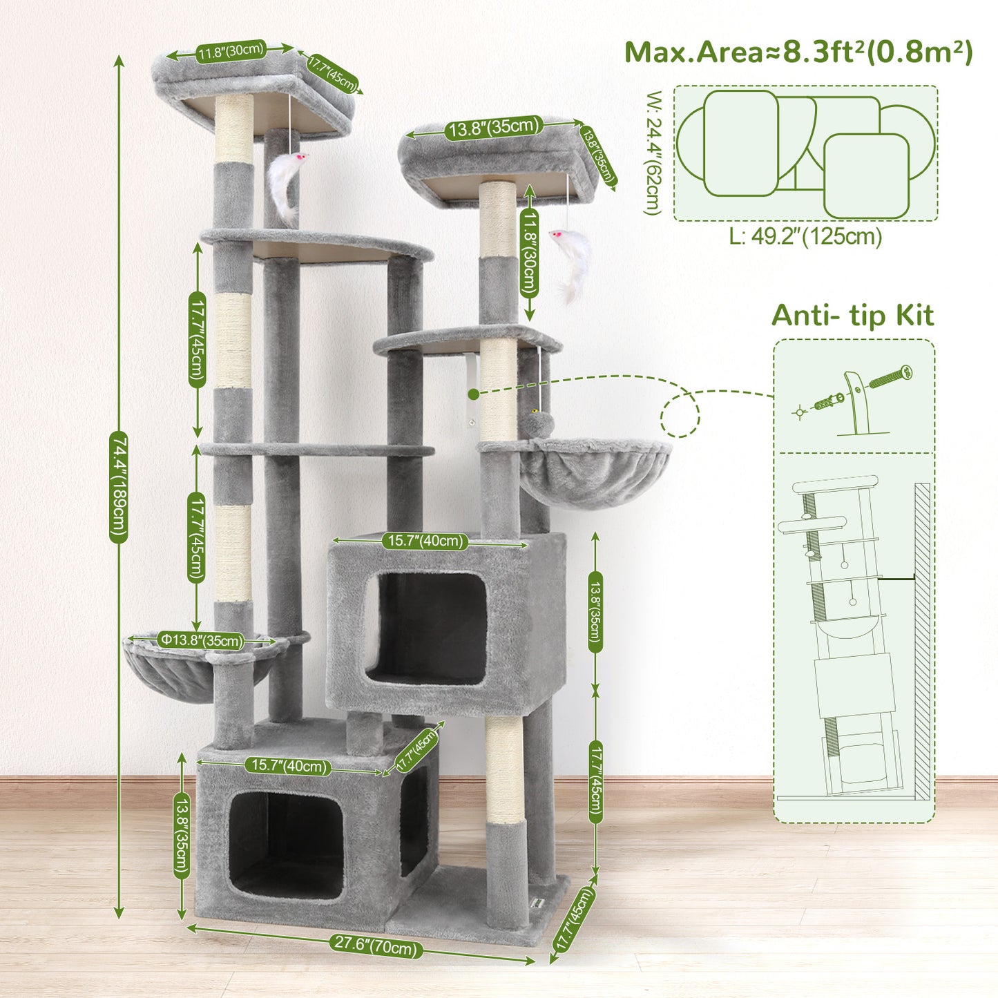 Globlazer 74In Sturdy Cat Tree for Large Cats, Heavy Duty Multi-Level Tall Cat Tree Tower for Multiple Indoor Adult Cats with Scratching Posts, 2 Cat Condos, 2 Top Perches, S74E, Light Grey