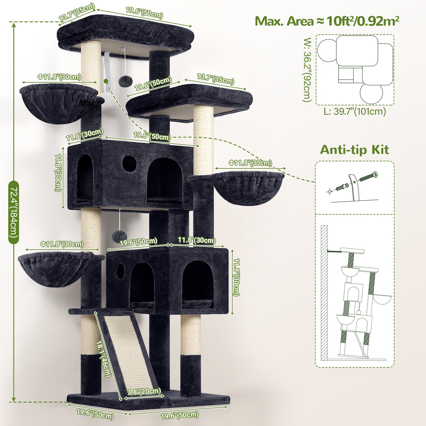 Globlazer Large Cat Tree, 72 inch Tall Cat Climbing Tower for Indoor Large Adult Cats Multi-Level Furniture Tree House with 2 Cozy Perches, 2 Padded Condos, 5 Sisal Scratching Posts, F72G, Dark Grey