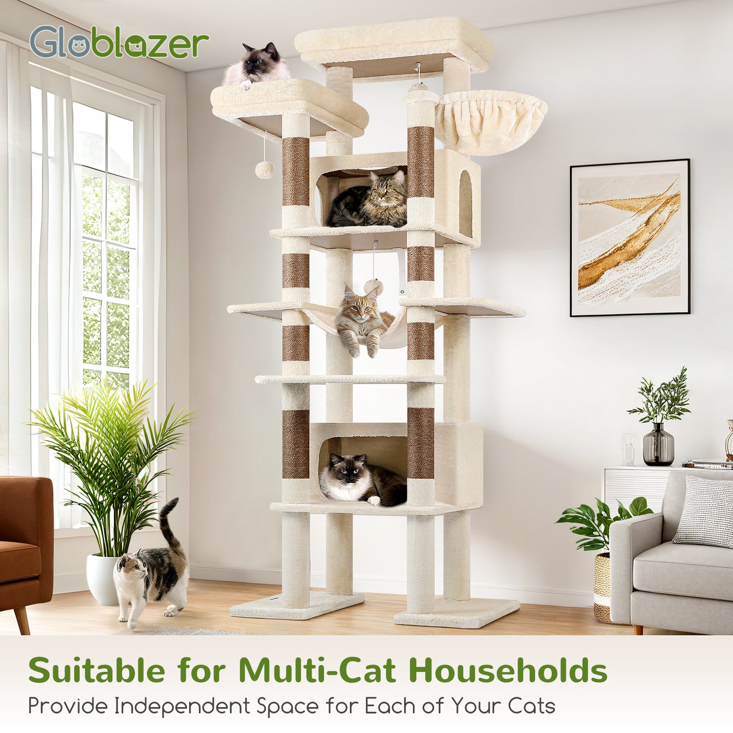 Globlazer XXL Giant Cat Tree, 83 Inch Heavy Duty Tall Cat Tower for Indoor Cats Large Adult, Multi-Level Large Cat Condo with 8 Scratching Posts, Hammock, 2 Cat Caves, 2 Platform, F83B, Beige