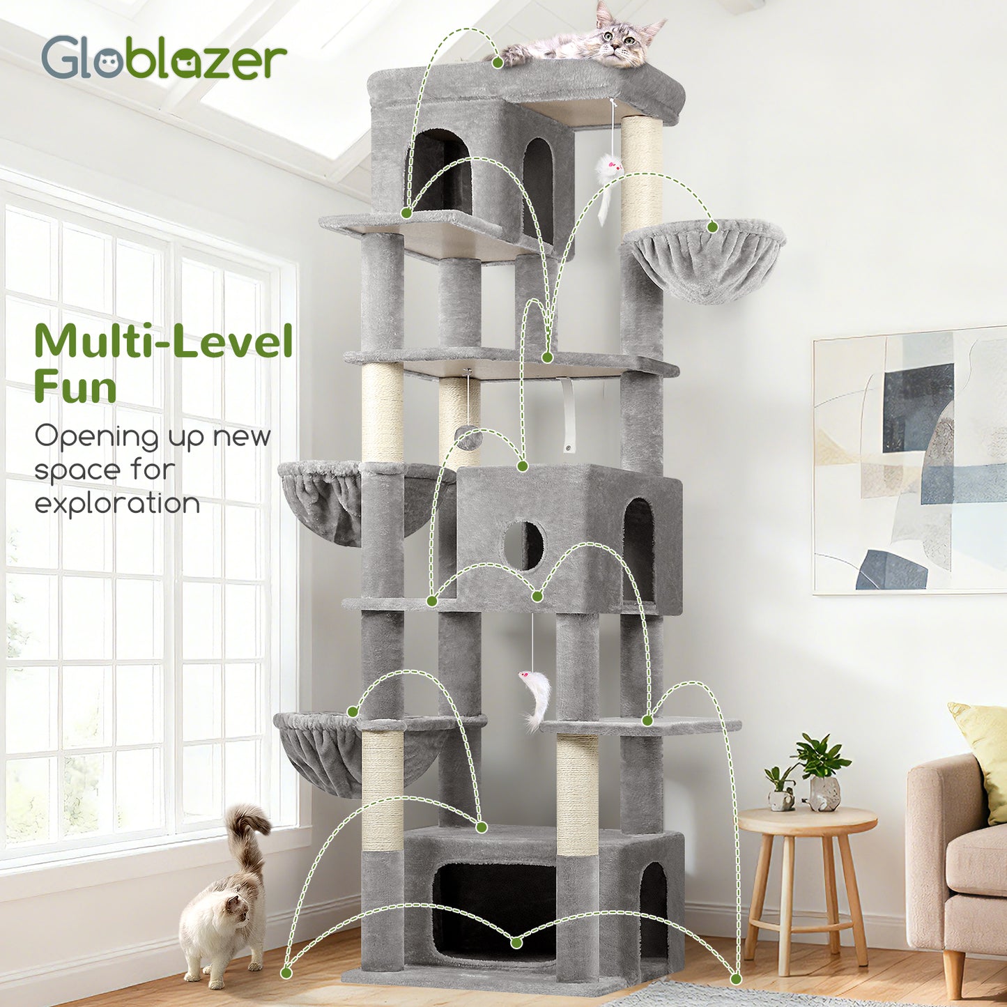 Globlazer Large Cat Tree 80 inch Multi-Level Tall Climbing Tower Kitty Condos Cat Scratching Tower for Indoor Multiple Adult Cats with Large Platform, 3 Cat Caves, 3 Hanging Baskets, F80F, Light Grey