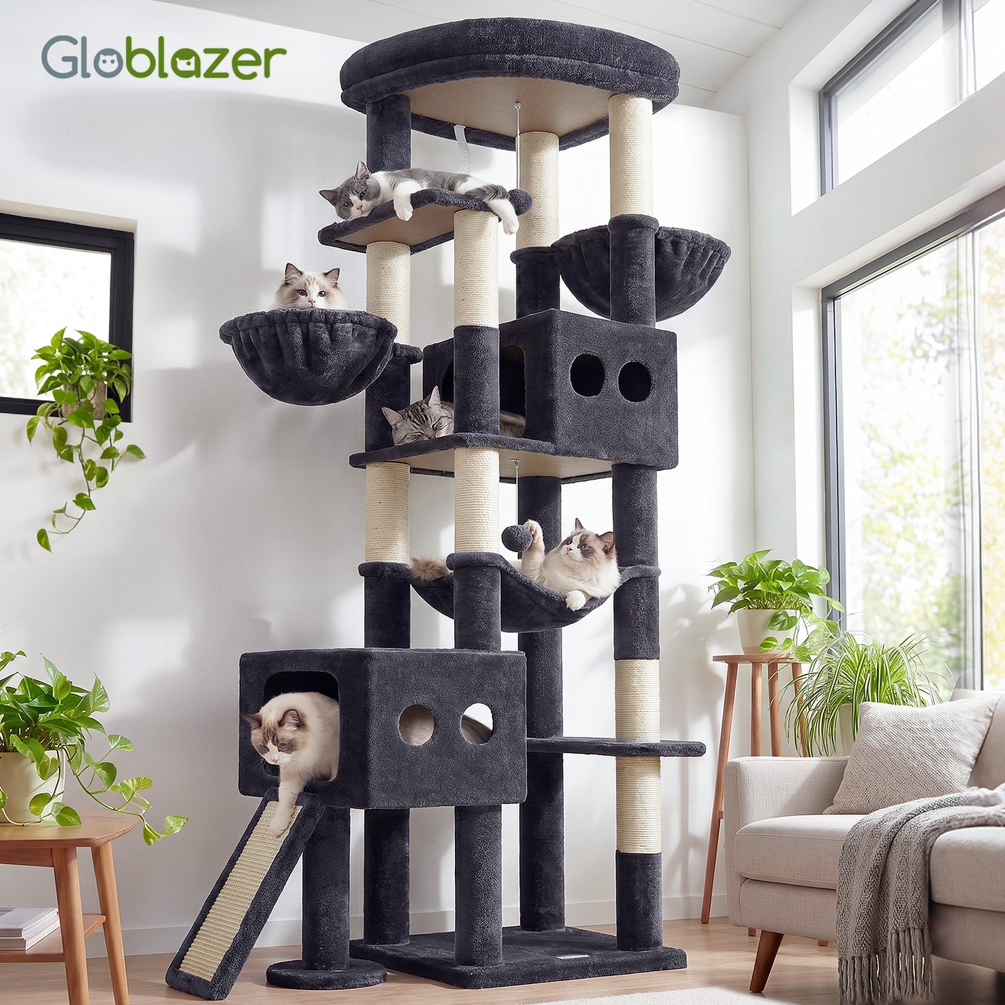 Globlazer Cat Tower for Large Cats, 81 inch Cat Tree for Indoor Cats Large Adult, Tall Cat Tower with 2 Condos, 2 Baskets, Hammock, Large Perch, 8 Sisal Posts, Scratching Board, S81G, Dark Grey