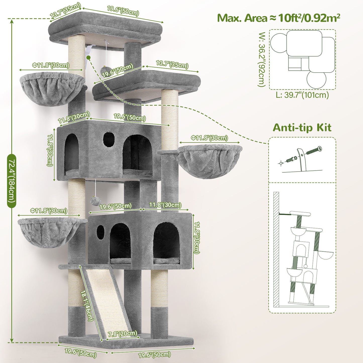 Globlazer Large Cat Tree, 72 inch Tall Cat Climbing Tower for Indoor Large Adult Cats Multi-Level Furniture Tree House with 2 Cozy Perches, 2 Padded Condos, 5 Sisal Scratching Posts, F72G, Light Grey