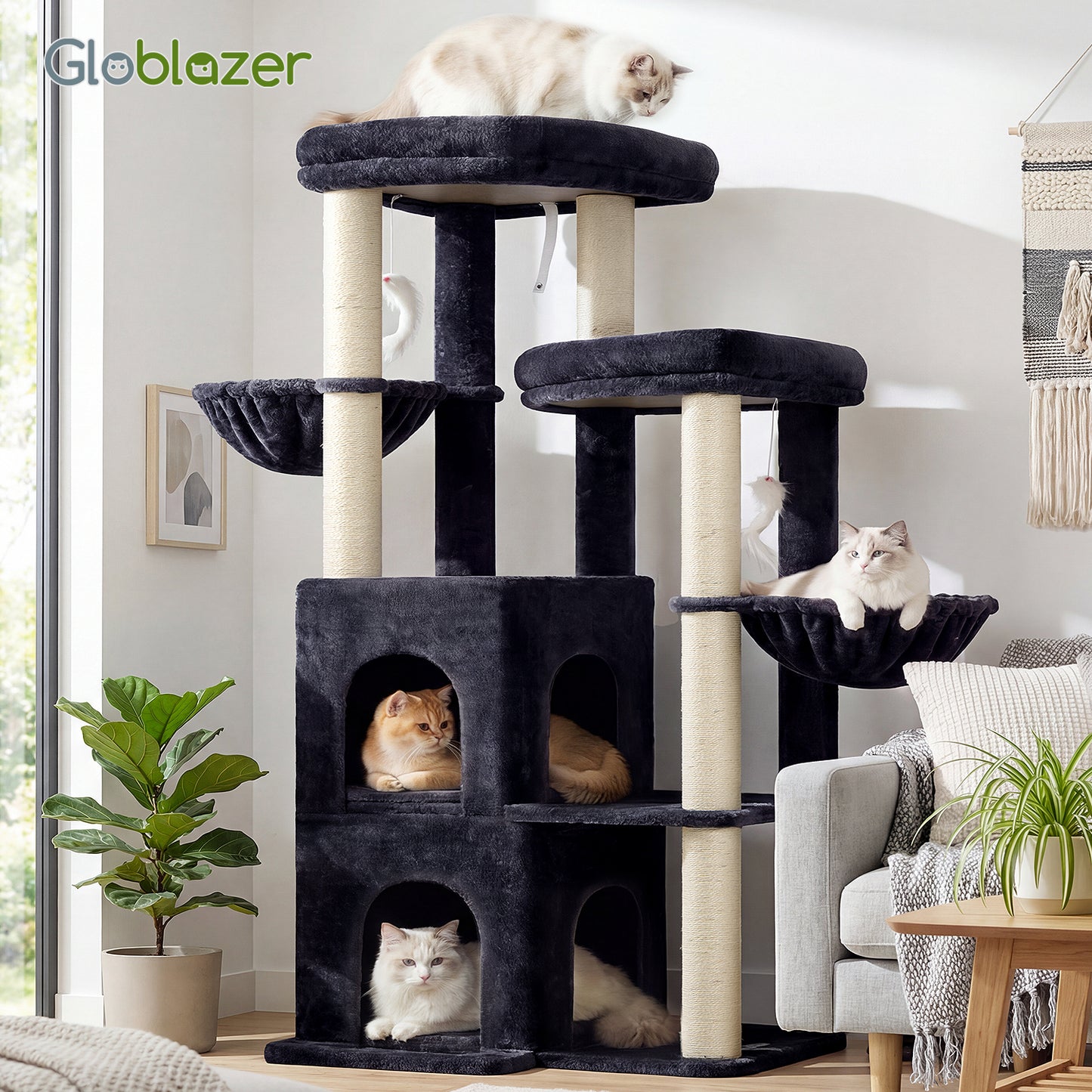 Globlazer Cat Tree Tower for Indoor Cats, 63 inch Sturdy Adult Cat Tree House for Large Adult Cats with 2 Platform, 6 Cat Scratching Post, 2 Cat Caves, Dangling Toys, S63, Dark Grey