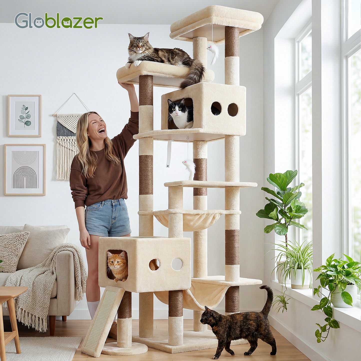 Globlazer Multi-Level Tall Cat Tower 83 inch Sturdy Extra Large Heavy Duty Cat Tree for Indoor Large Adult Cats Kittens with 2 Cat Condo, 8 Scratching Post, 2 Hammock, S83G, Beige