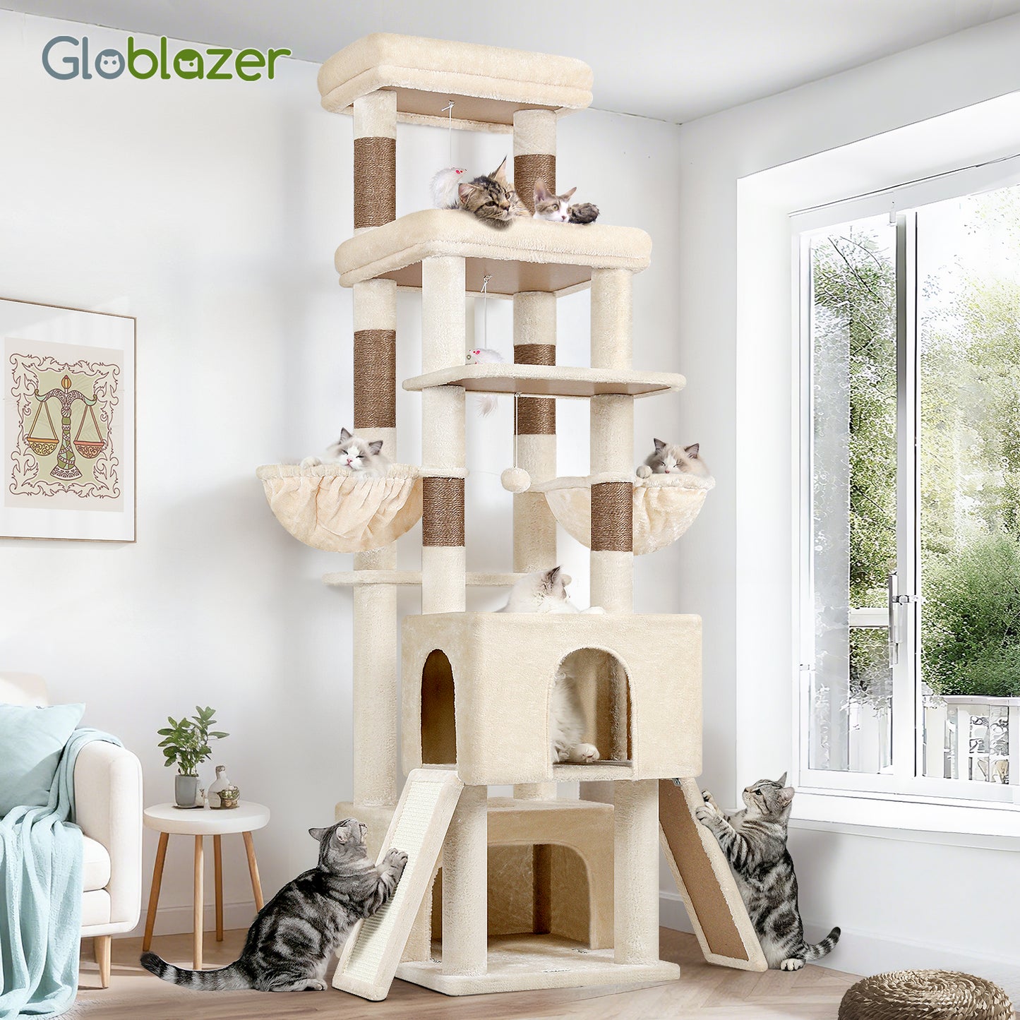 Globlazer Heavy Duty Cat Tree 78 inch Sturdy Cat Tower for 20lbs Large Adult Cats, Symmetrical Aesthetic Big Cat Tree with Extra Large Platform, 2 Scratching Boards, Z78, Beige
