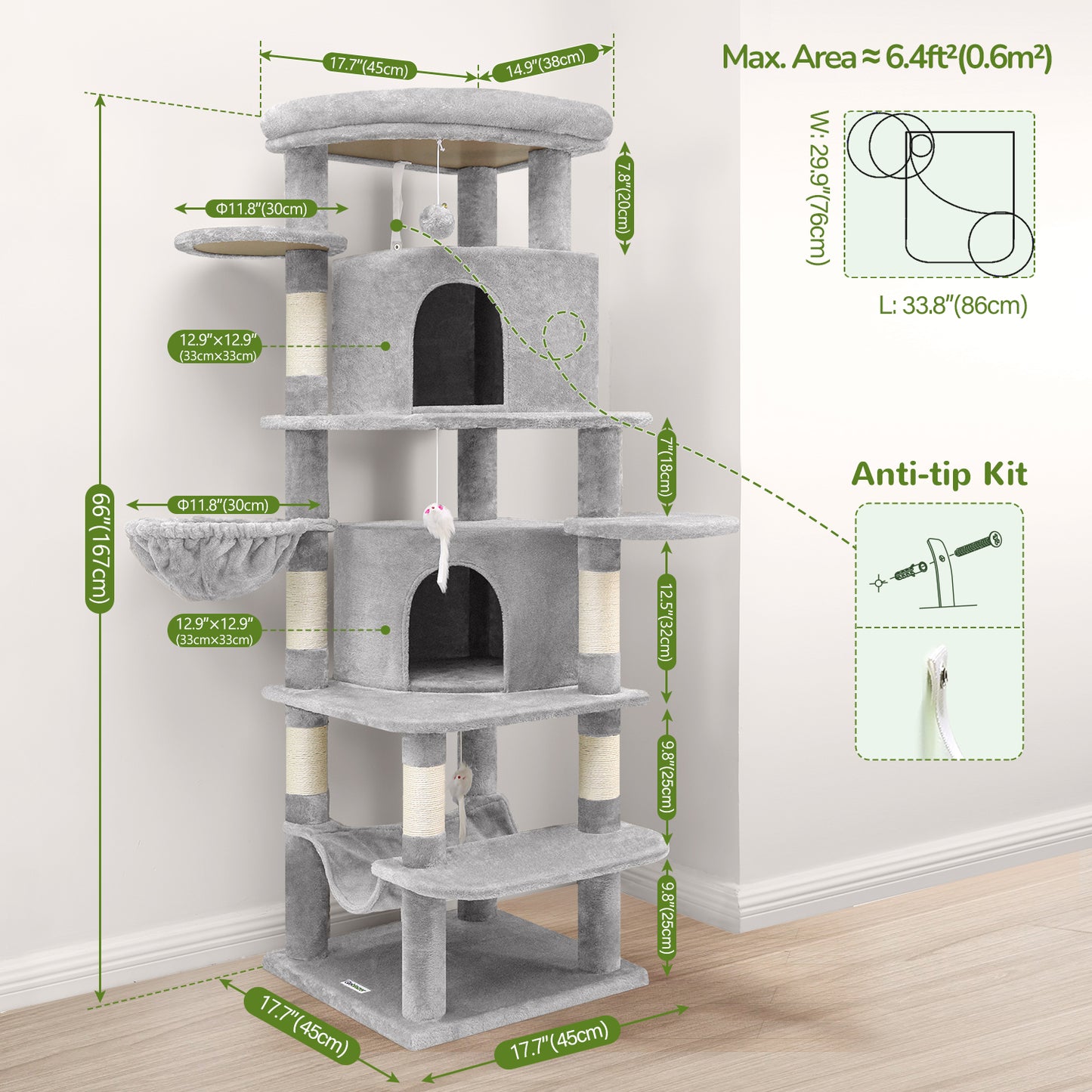 Globlazer Corner Cat Tree for Large Cats, 66inch Tall Curved Series Large Cat Tower for Multiple Indoor Cats with 6 Scratching Posts, 2 Spacious Cat Condos, Hammock, Hanging Basket, C66, Light Grey