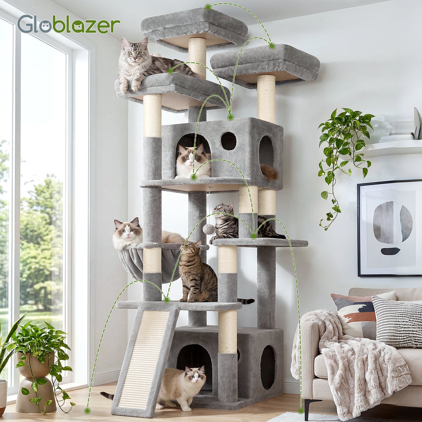 Globlazer Heavy Duty Cat Tree, 73inch Sturdy Cat Tower with Scratching Post for Indoor multiple Cats, Maine Coon Cat Tree with 3 Cat Perch, Basket, 2 Cat Condo for Adult Cats Kittens, F73C, Light Grey