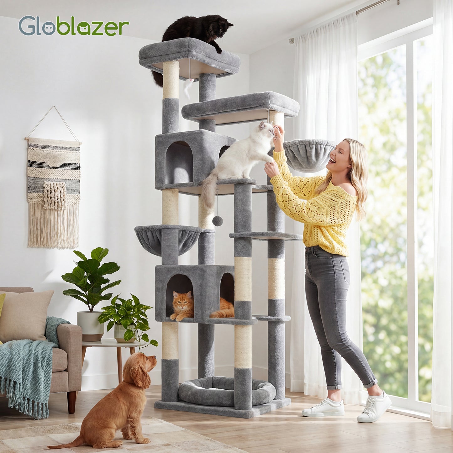Globlazer Heavy Duty Cat Tree, 81 inch Extra Large Cat Tree for Indoor Cats Large Adult, Sturdy Cat Tower with 8 Scratching Post, 2 Cat Condos, 2 Platform, S81C, Light Grey