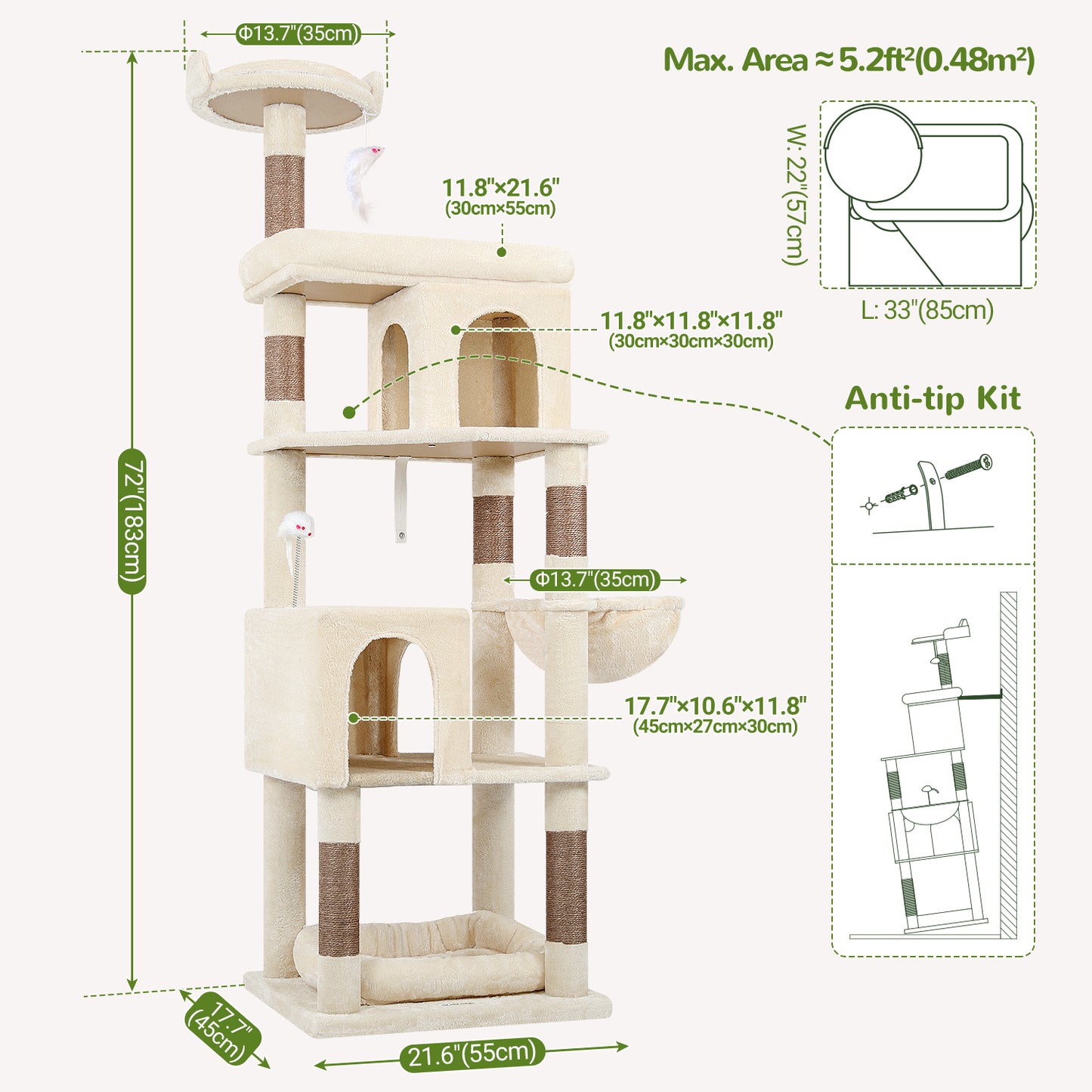 Globlazer Heavy Duty Cat Trees for Large Cats, Sturdy 72in Maine Coon Cat Tree for Large Cats 20 lbs+ Heavy Duty Cat Tower for Adult Biggest Cat with 6 Scratching Posts, Hammock, S72, Beige