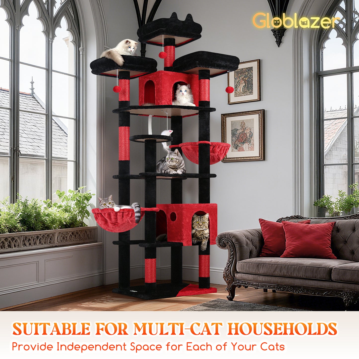 Globlazer Gothic Cat Trees and Towers for Multiple Adult Cats, 82-inch XXL Tall Goth Cat Tree Tower for Indoor Cats with Scratching Post, 3 Perches, 2 Condos, 2 Hanging Baskets, F82, Black Red