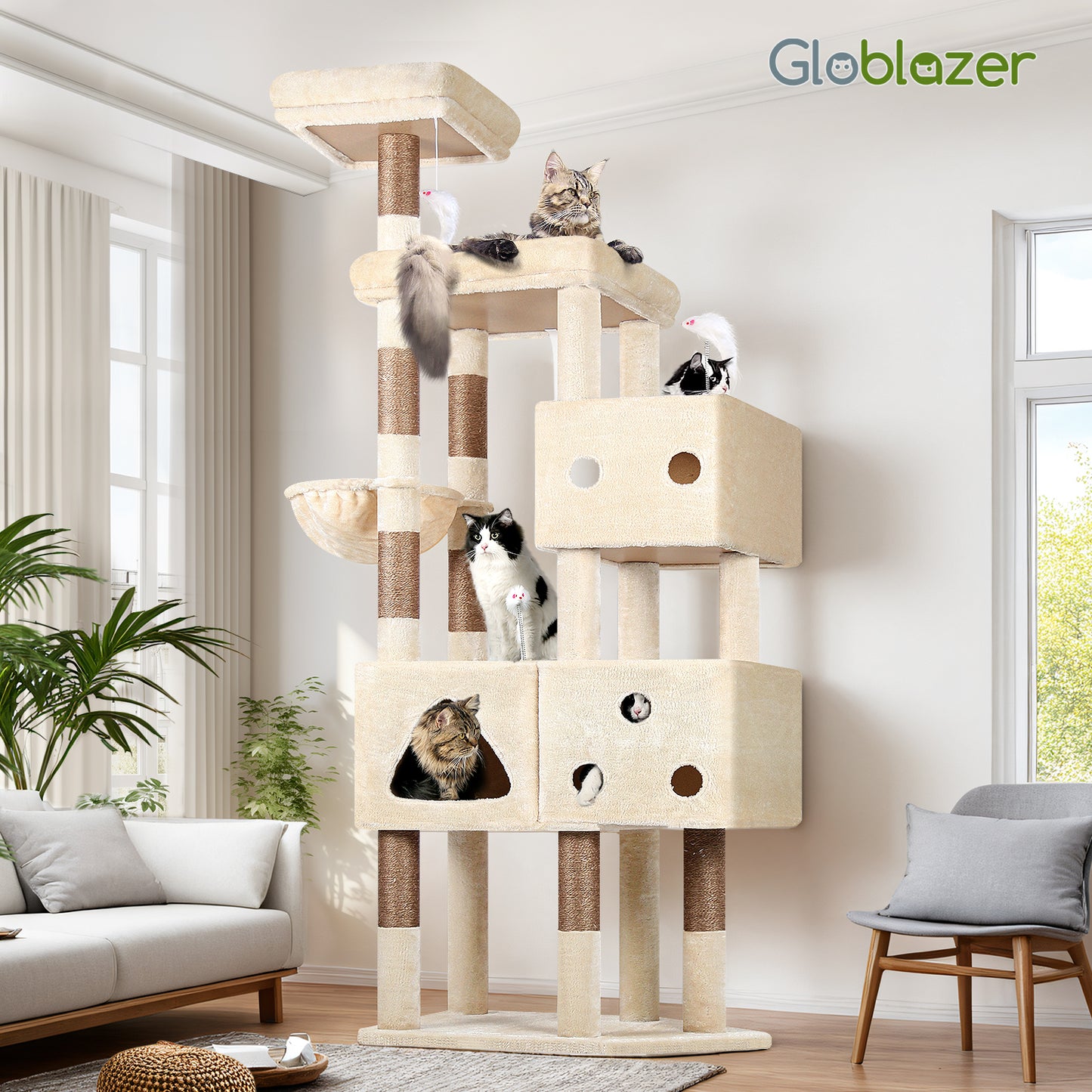 Globlazer Extra Large Cat Tower, 81-inch Tall Cat Tree for Big Cats 20 lbs, XXL Heavy Duty Cat Scratching Tower for Indoor Adult Cats with 3 Cat Condos, 8 Scratching Posts, F81, Beige