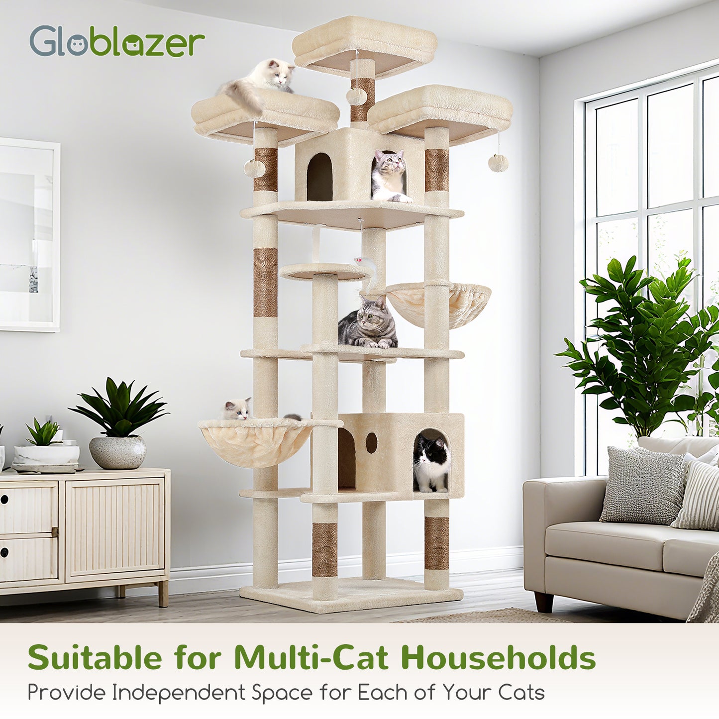 Globlazer Cat Trees and Towers for Multiple Adult Cats, 82-inch XXL Tall Cat Tree Tower for Indoor Cats with Scratching Post, 3 Perches, 2 Condos, 2 Hanging Baskets, F82, Beige
