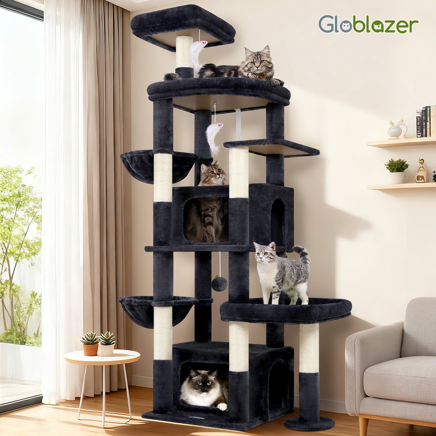 Globlazer 75in Sturdy Cat Tree for Large Cats, Heavy Duty Multi-Level Cat Tower for Indoor Cats with Extended Platform, 2 Spacious Condos, 2 Padded Perches, 6 Sisal Scratching Posts, S75, Dark Grey
