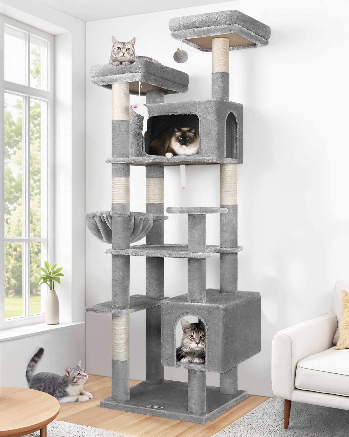 Globlazer Large Cat Tree Tower for Multiple Indoor Cats with Food Station, 77in Extra Tall Sturdy Cat Tree Tower for Large Cat with 6 Scratching Posts, 2 Cozy Condos, 2 Plush Perches, F77B, Light Grey